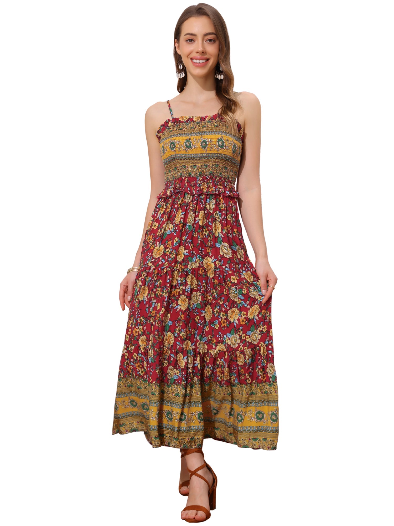 Boho Floral Summer Spaghetti Strap A-Line Flowy Smocked Midi Dress Sundress