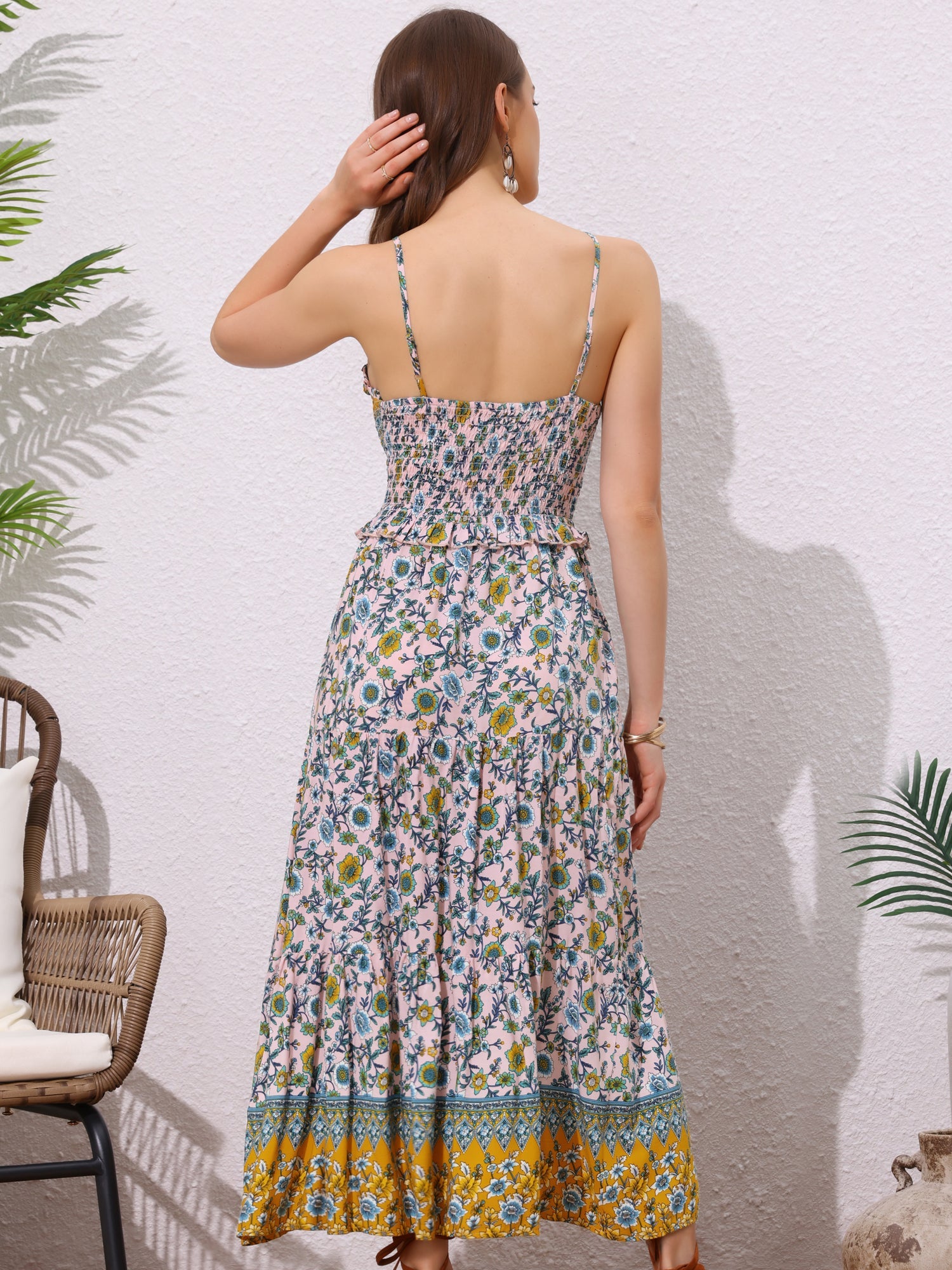 Boho Floral Summer Spaghetti Strap A-Line Flowy Smocked Midi Dress Sundress