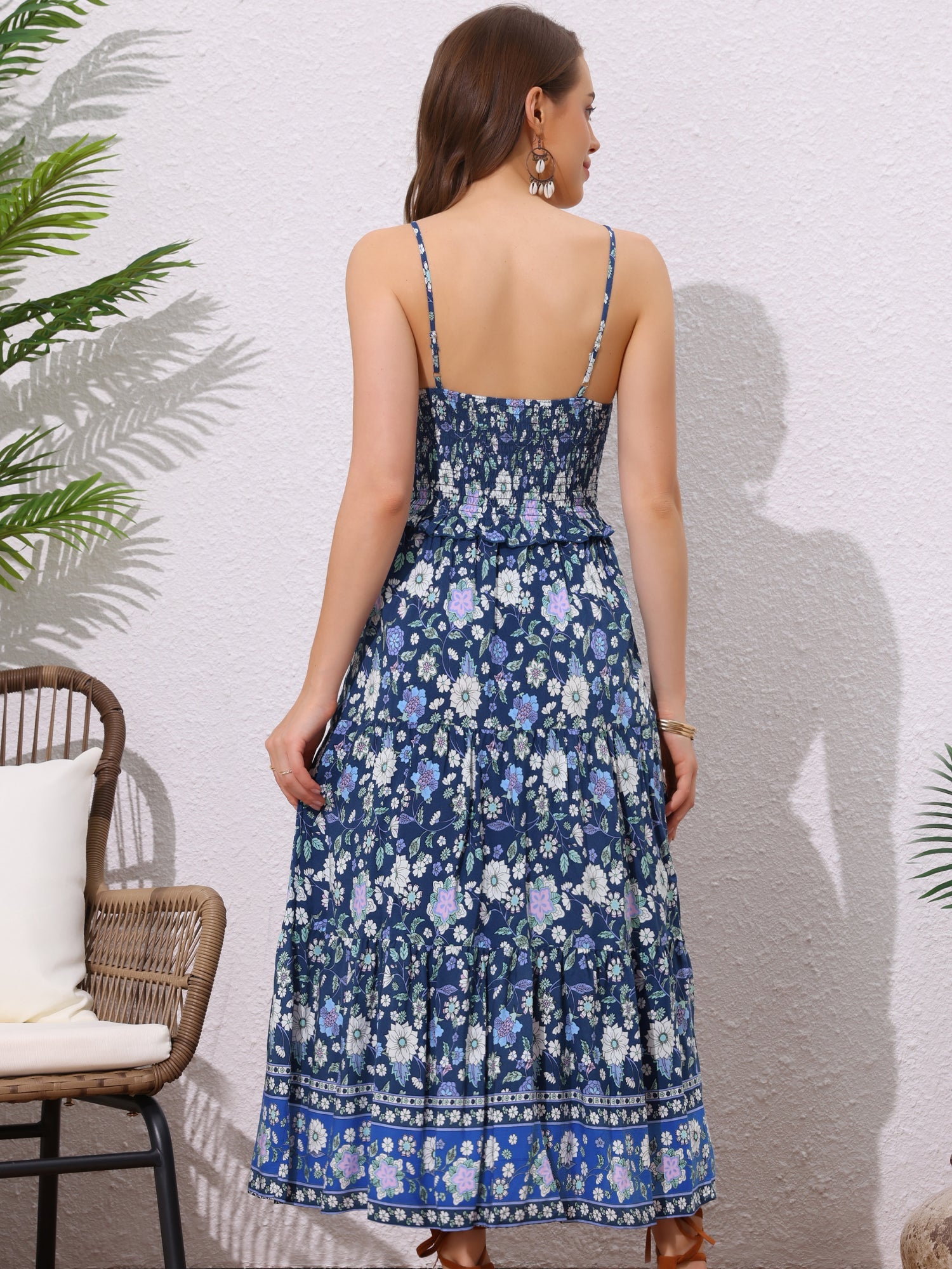 Boho Floral Summer Spaghetti Strap A-Line Flowy Smocked Midi Dress Sundress