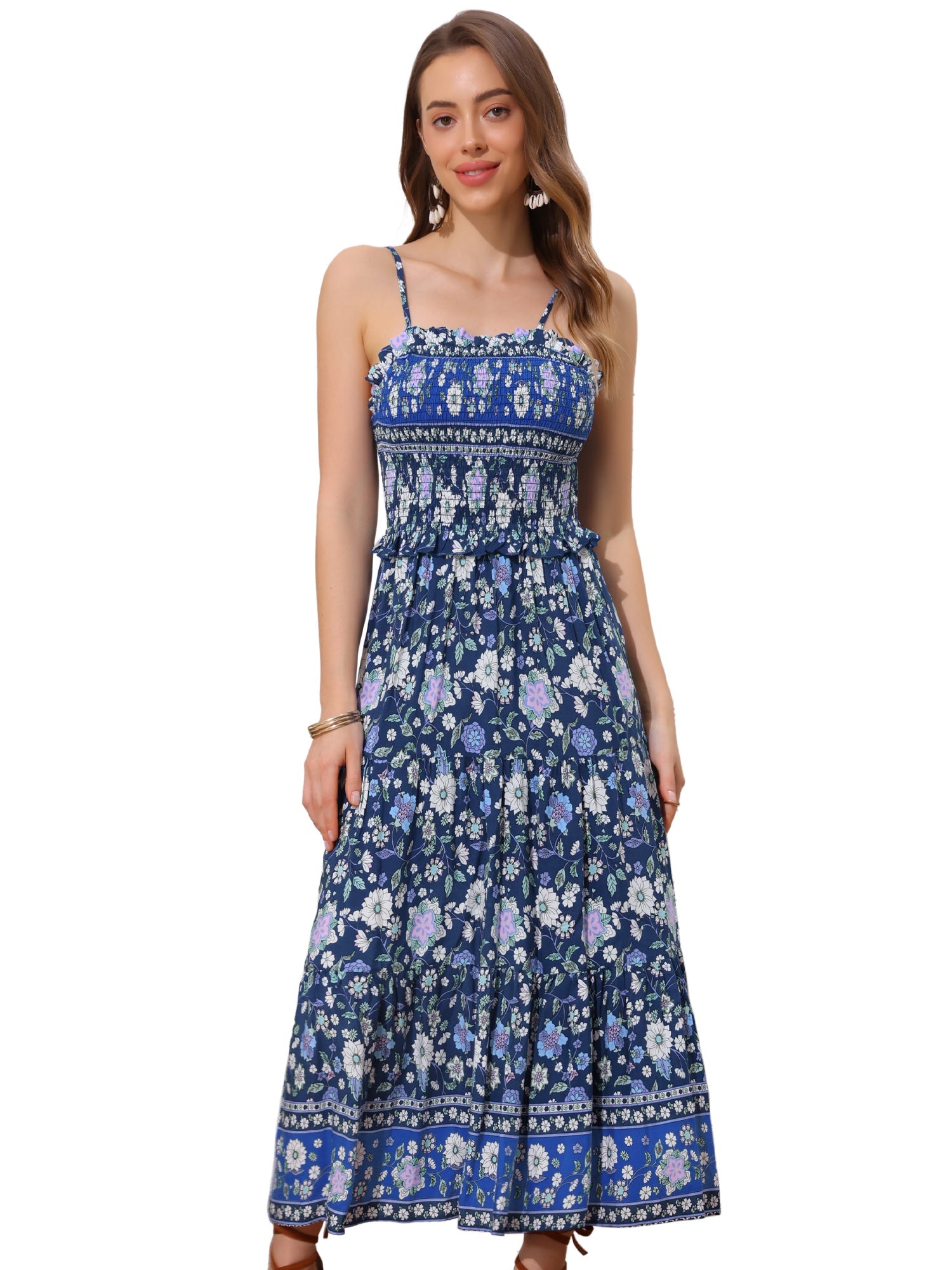 Boho Floral Summer Spaghetti Strap A-Line Flowy Smocked Midi Dress Sundress