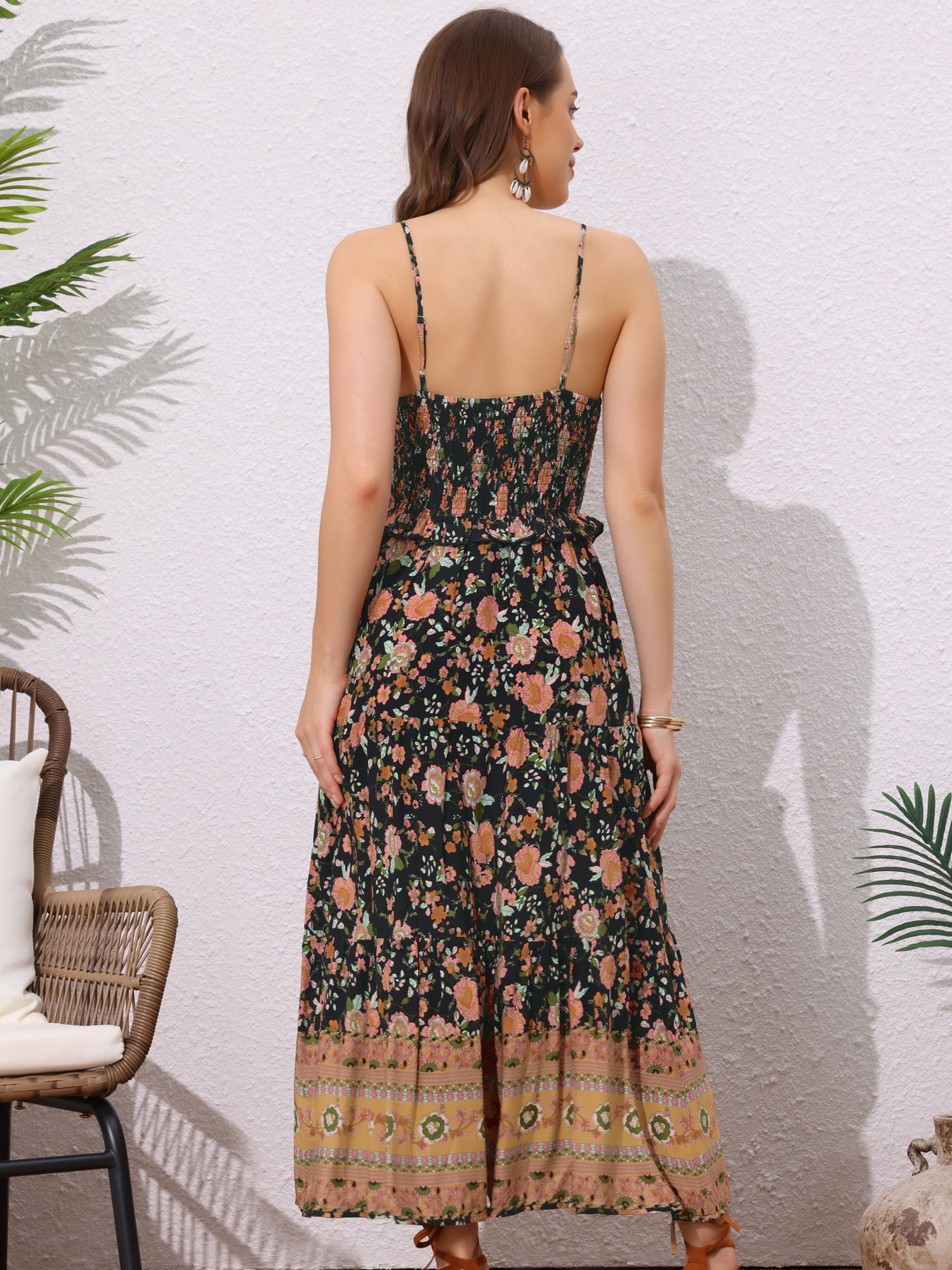 Boho Floral Summer Spaghetti Strap A-Line Flowy Smocked Midi Dress Sundress