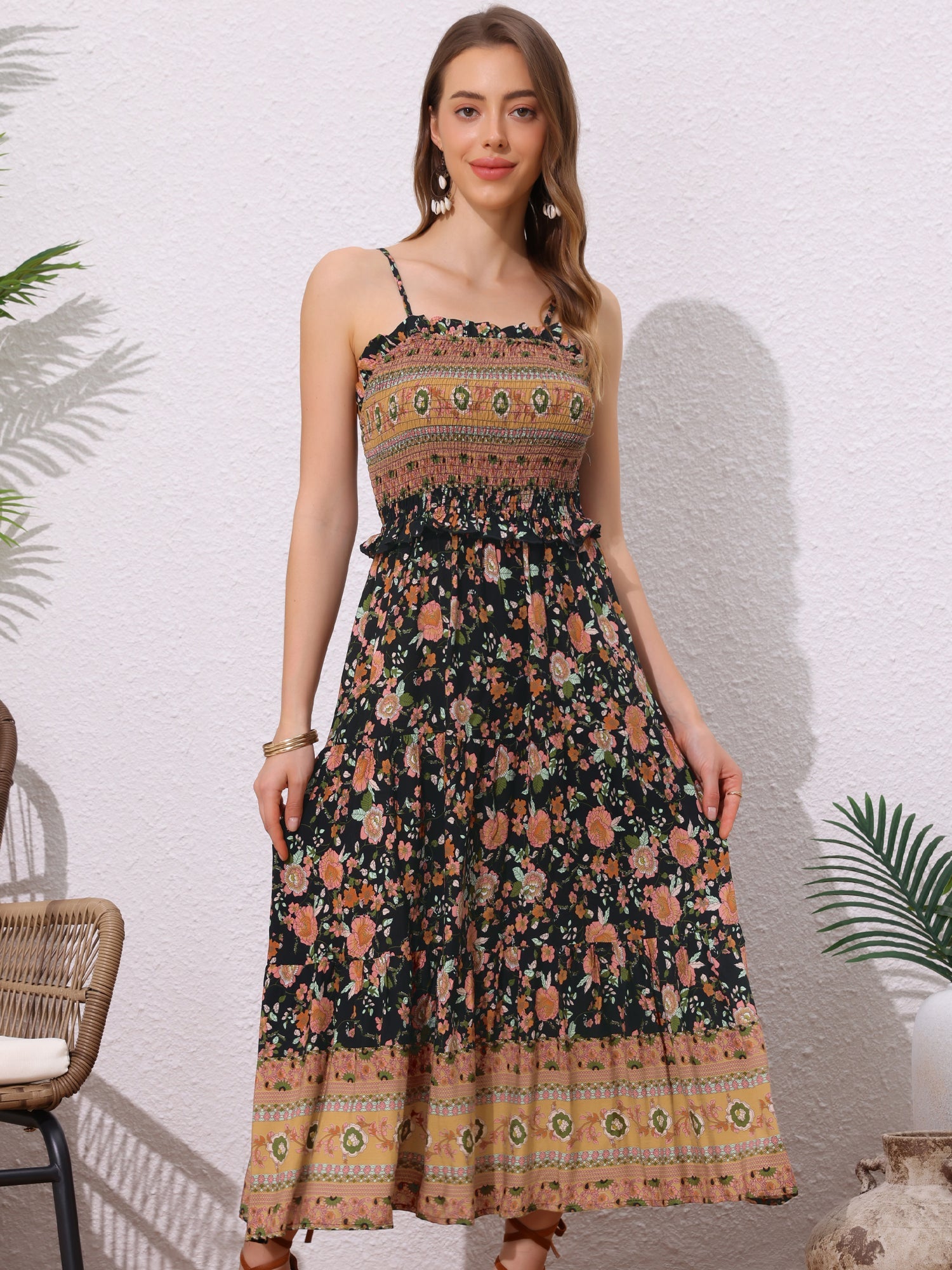 Boho Floral Summer Spaghetti Strap A-Line Flowy Smocked Midi Dress Sundress