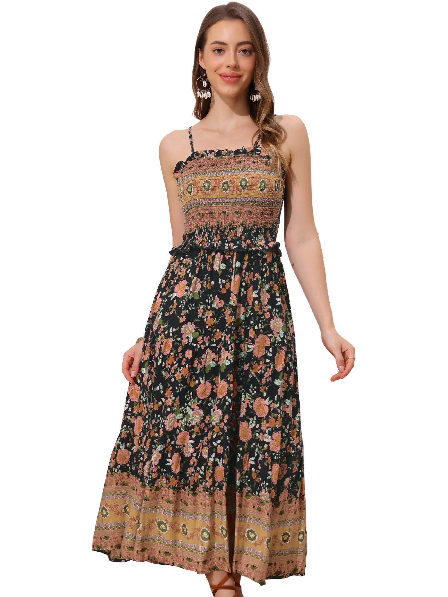 Boho Floral Summer Spaghetti Strap A-Line Flowy Smocked Midi Dress Sundress