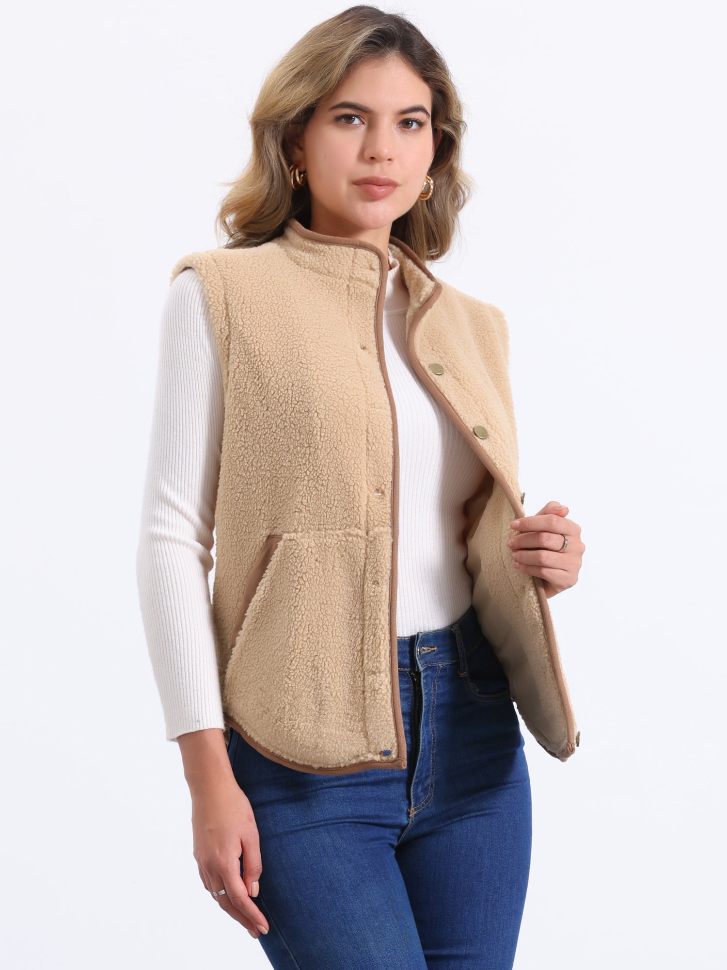 Fleece Plush Pockets Buttons Sleeveless Fuzzy Jacket Vest