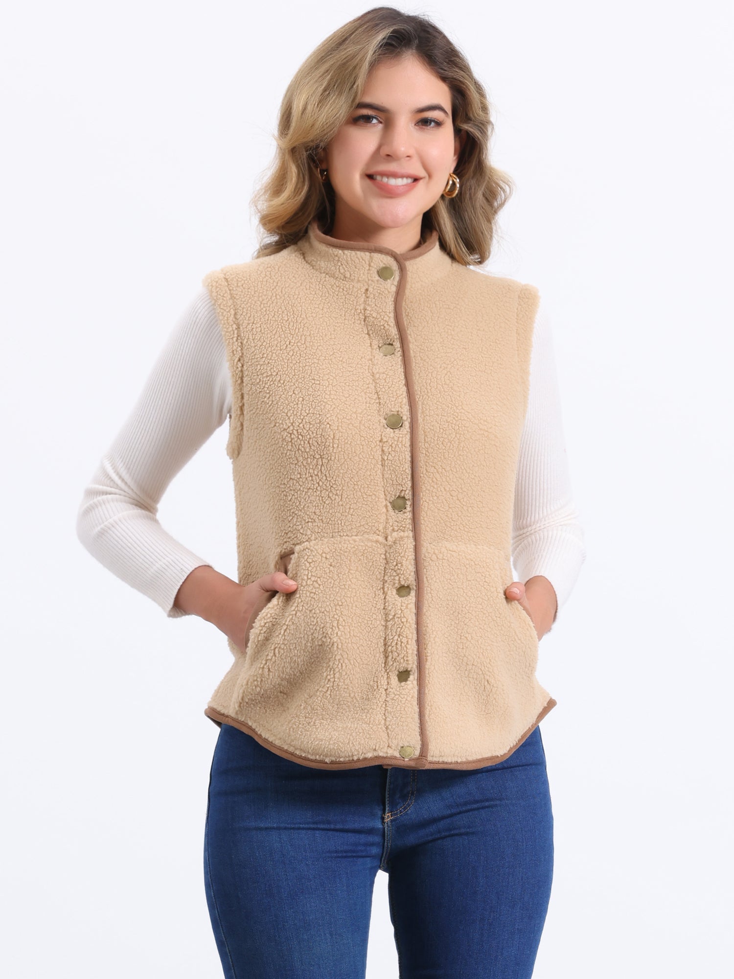 Fleece Plush Pockets Buttons Sleeveless Fuzzy Jacket Vest
