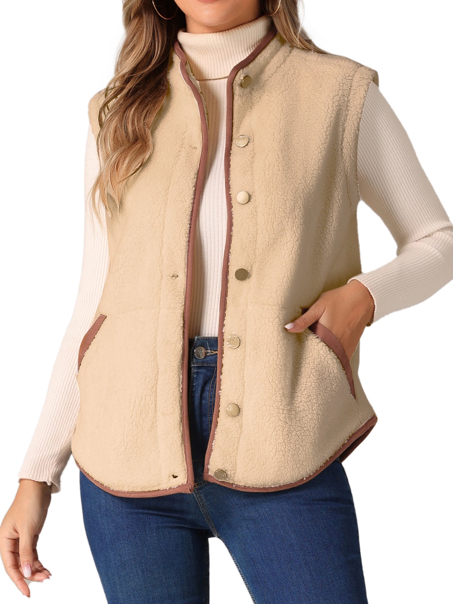 Fleece Plush Pockets Buttons Sleeveless Fuzzy Jacket Vest