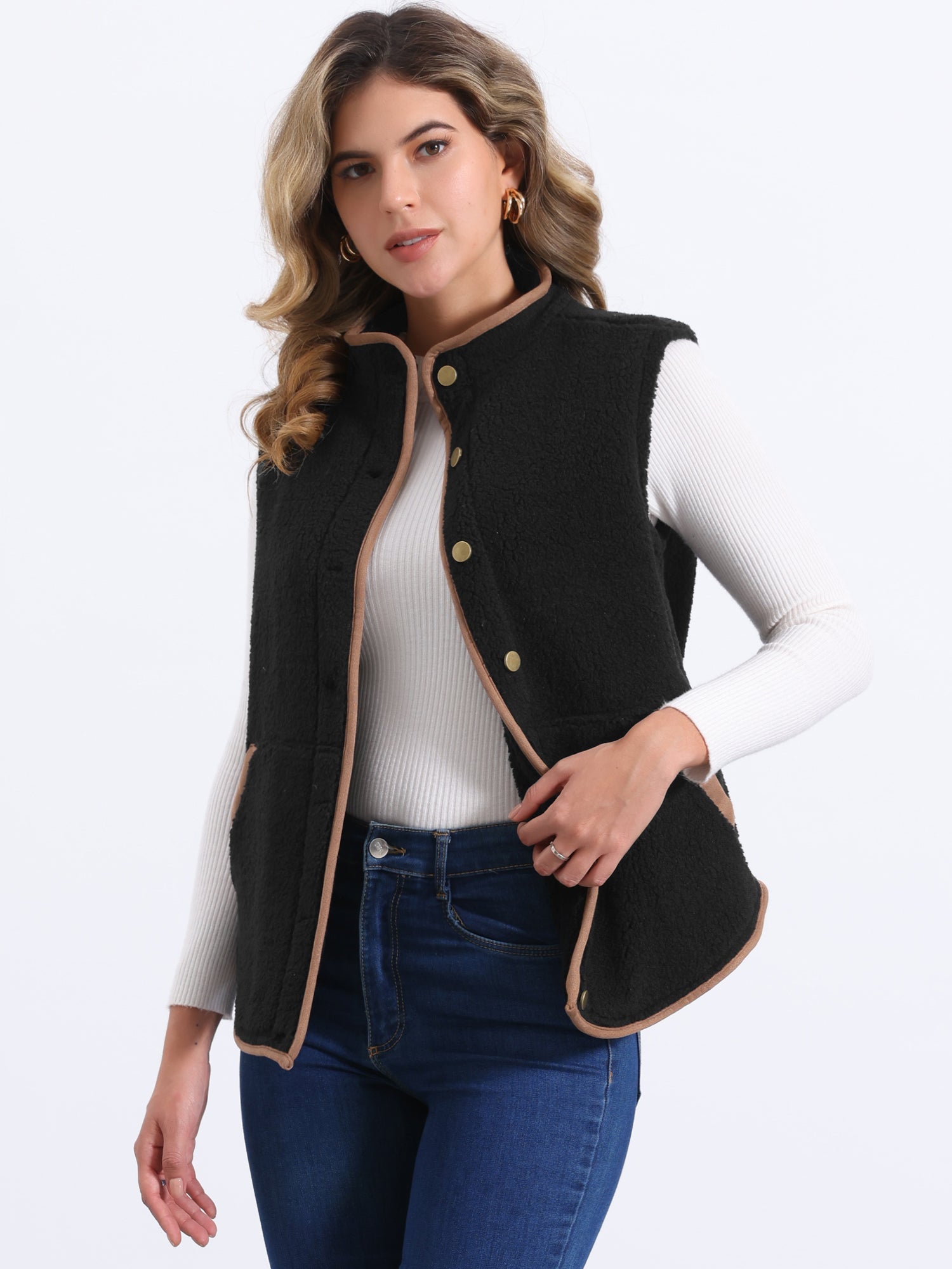 Fleece Plush Pockets Buttons Sleeveless Fuzzy Jacket Vest