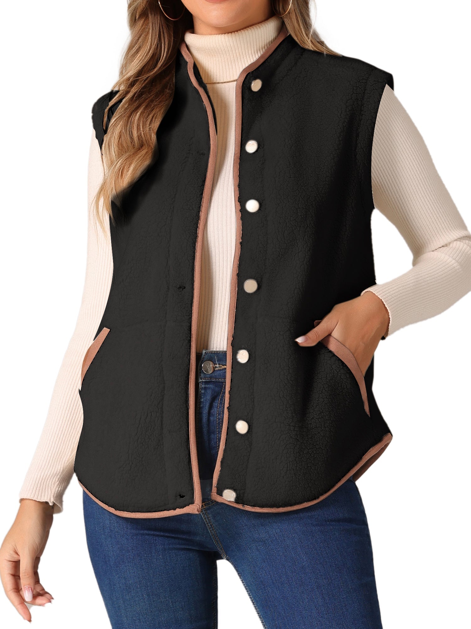 Fleece Plush Pockets Buttons Sleeveless Fuzzy Jacket Vest