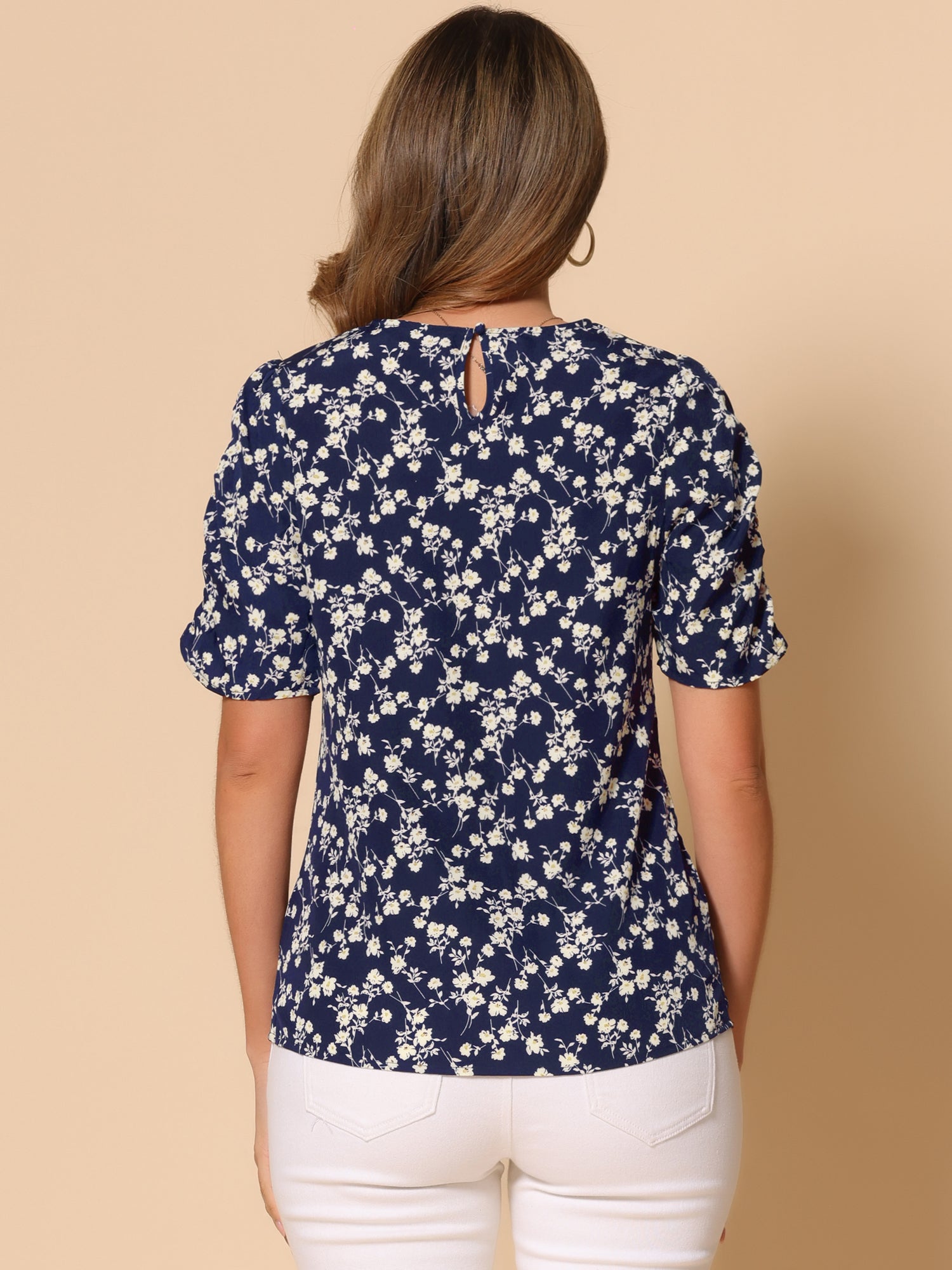 Floral Crew Neck Ruched Sleeve Casual Blouse