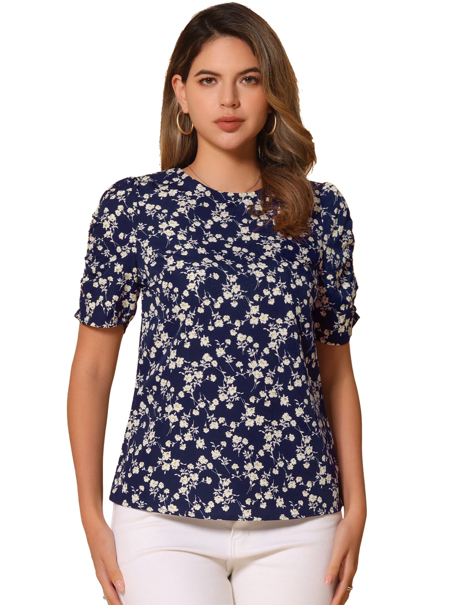 Floral Crew Neck Ruched Sleeve Casual Blouse