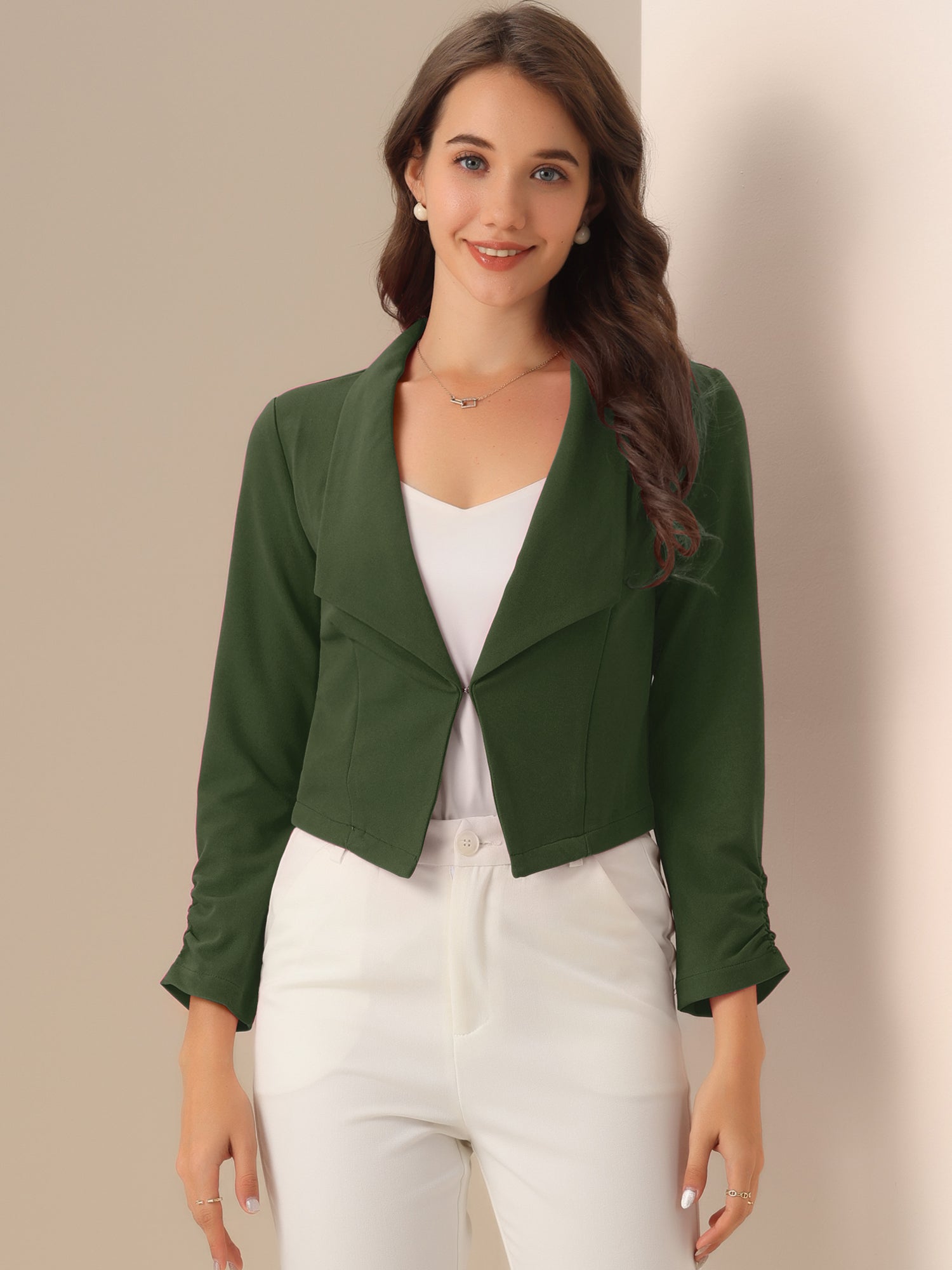 Notched Lapel Ruched Sleeve Business Cropped Jacket Blazer