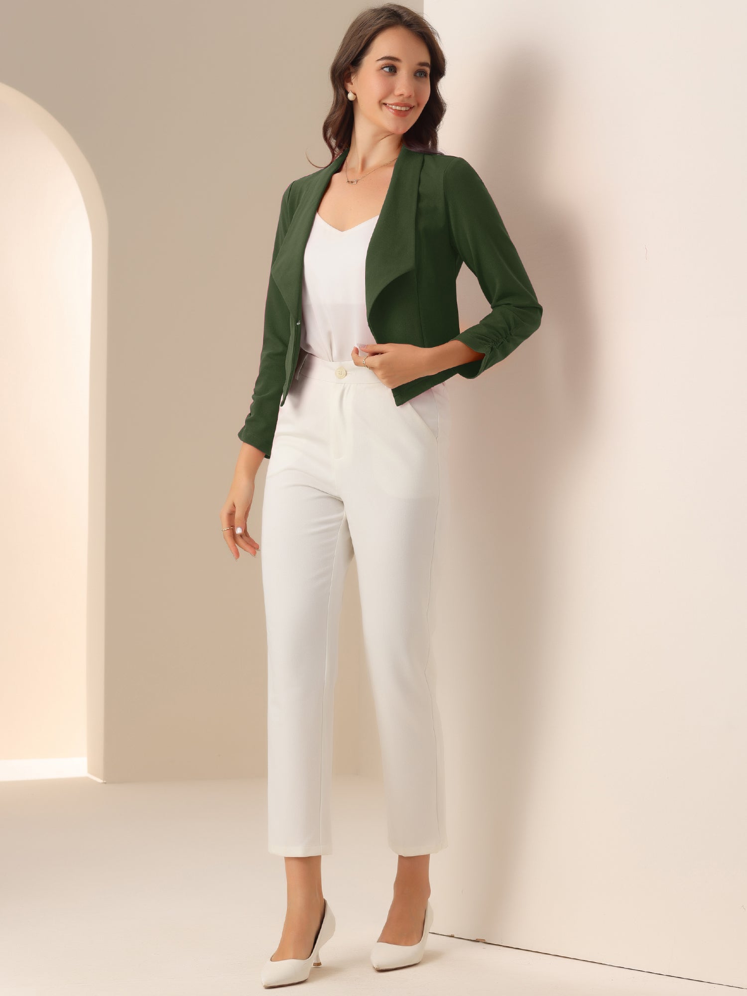 Notched Lapel Ruched Sleeve Business Cropped Jacket Blazer