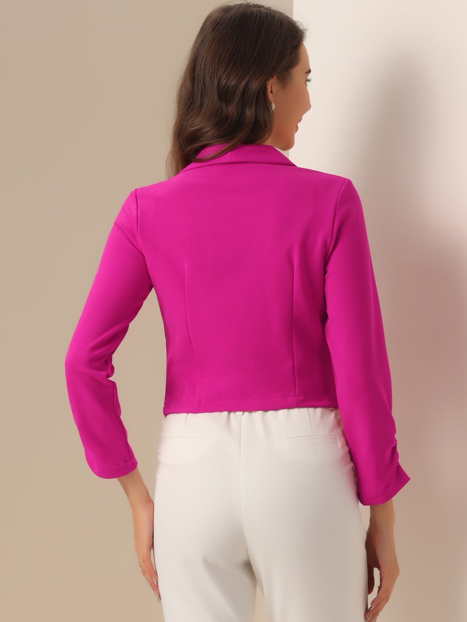 Notched Lapel Ruched Sleeve Business Cropped Jacket Blazer
