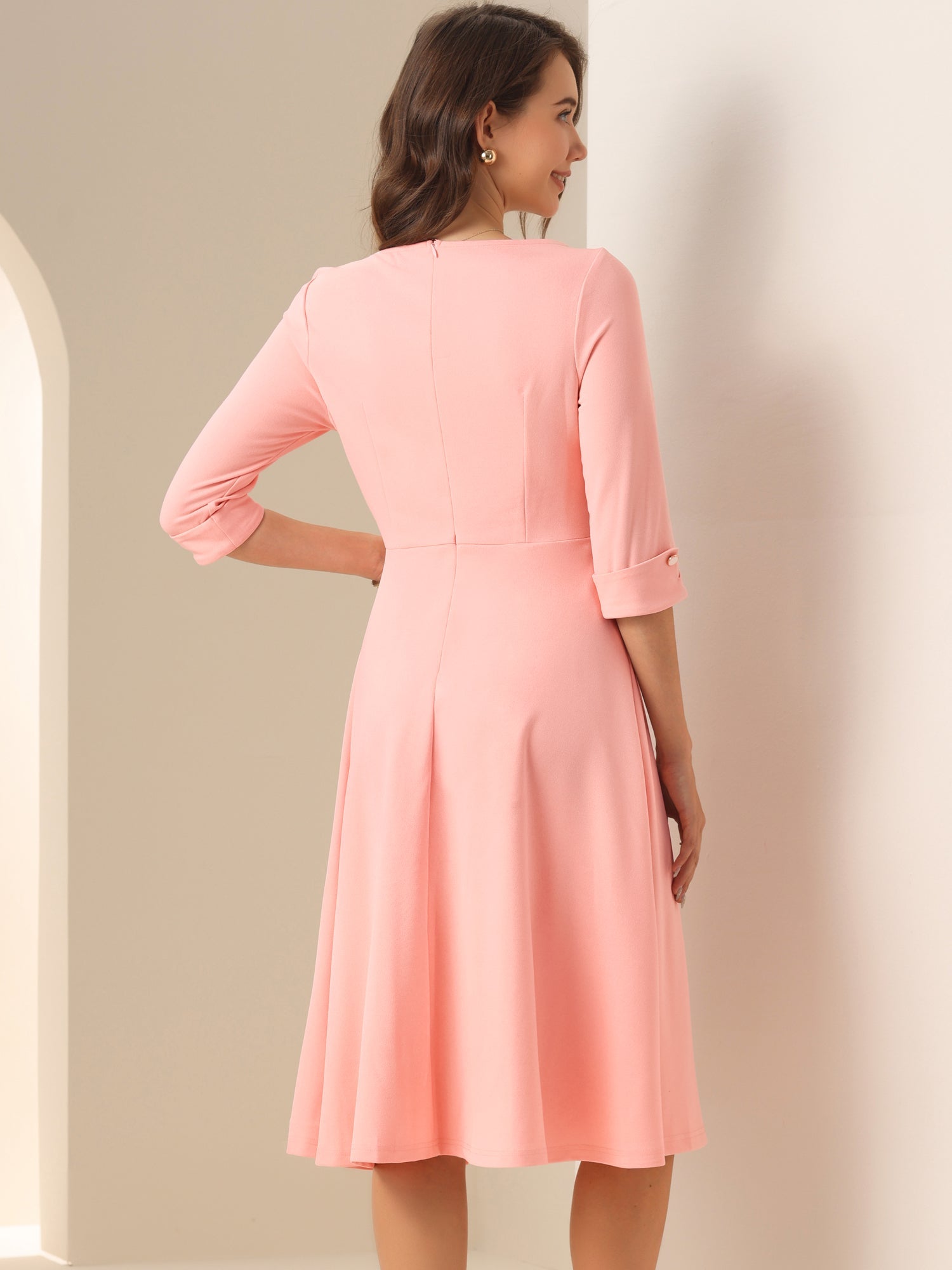 3/4 Sleeve Boat Neck Solid Color A-Line Midi Dress