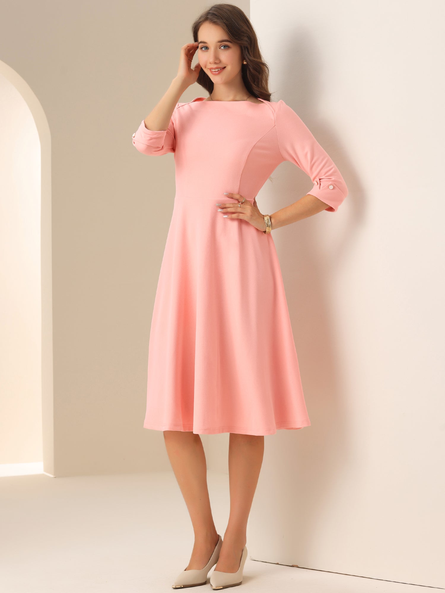 3/4 Sleeve Boat Neck Solid Color A-Line Midi Dress