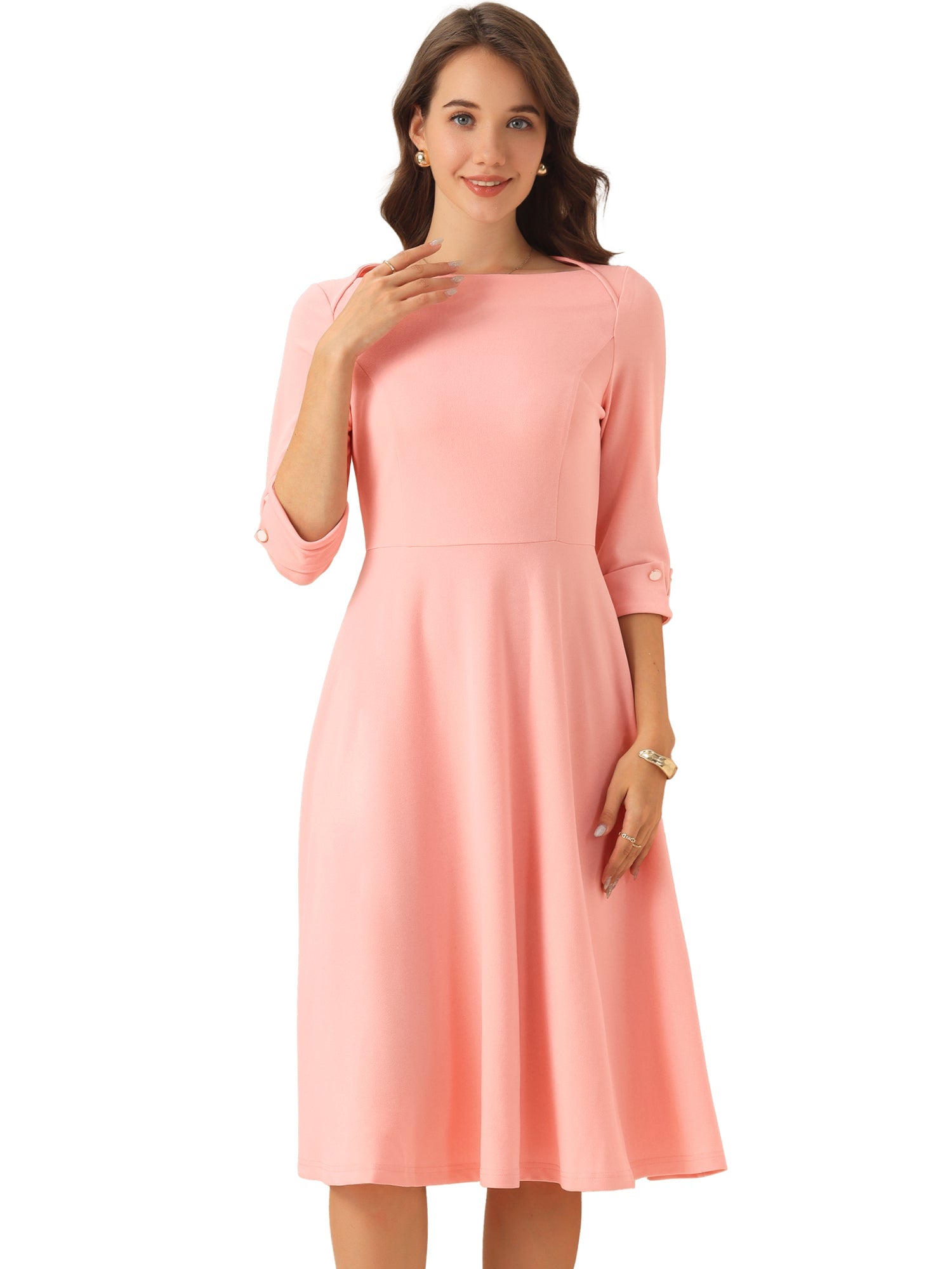 3/4 Sleeve Boat Neck Solid Color A-Line Midi Dress