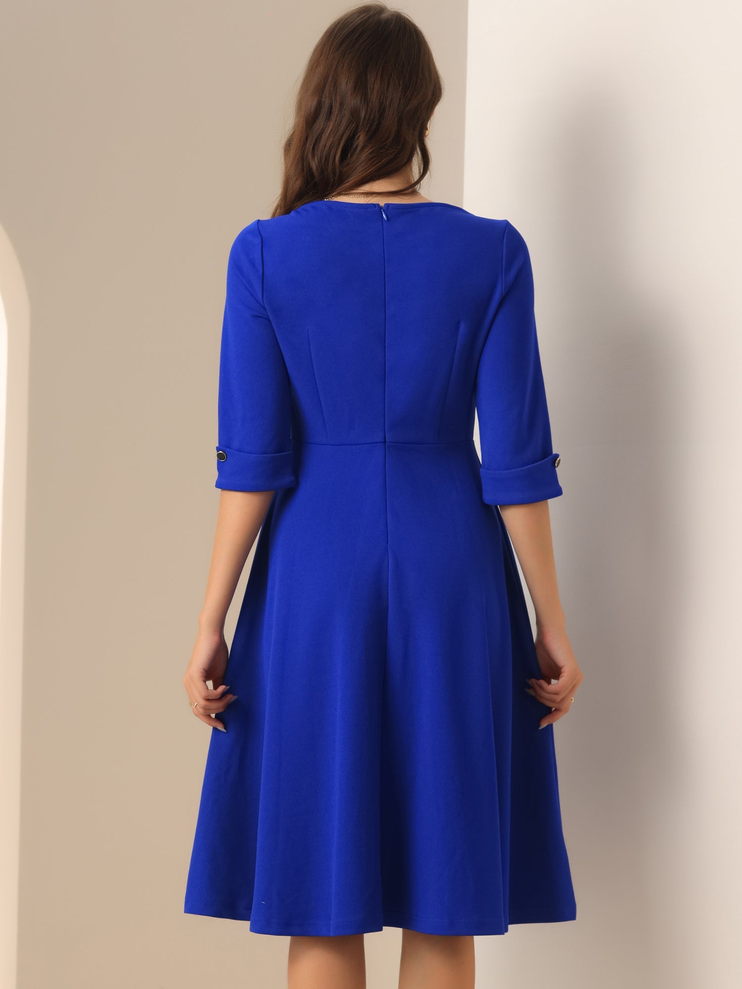 3/4 Sleeve Boat Neck Solid Color A-Line Midi Dress