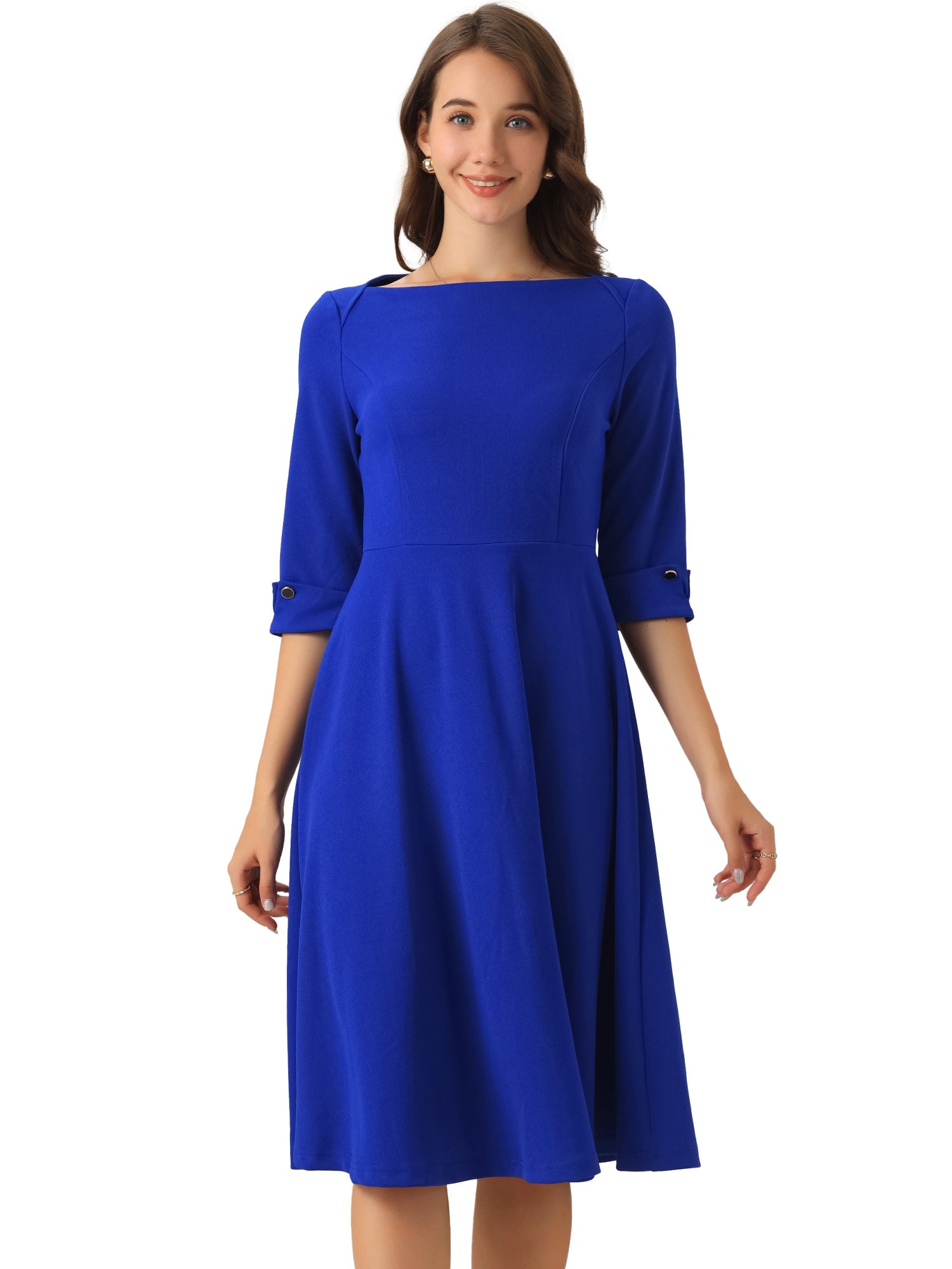 3/4 Sleeve Boat Neck Solid Color A-Line Midi Dress