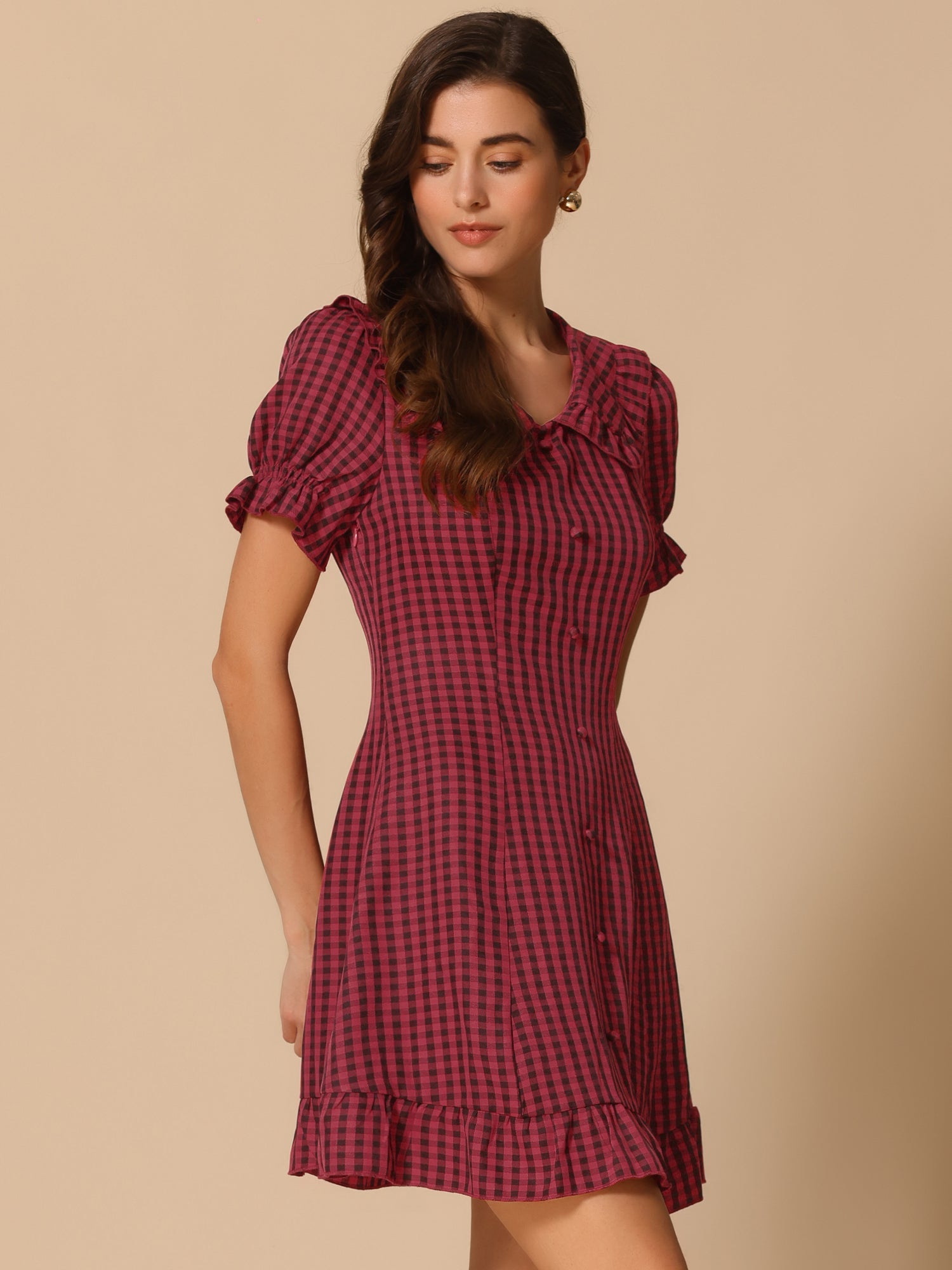 Gingham Checks Ruffled Peter Pan Collar 1960s Vintage Mini Dress
