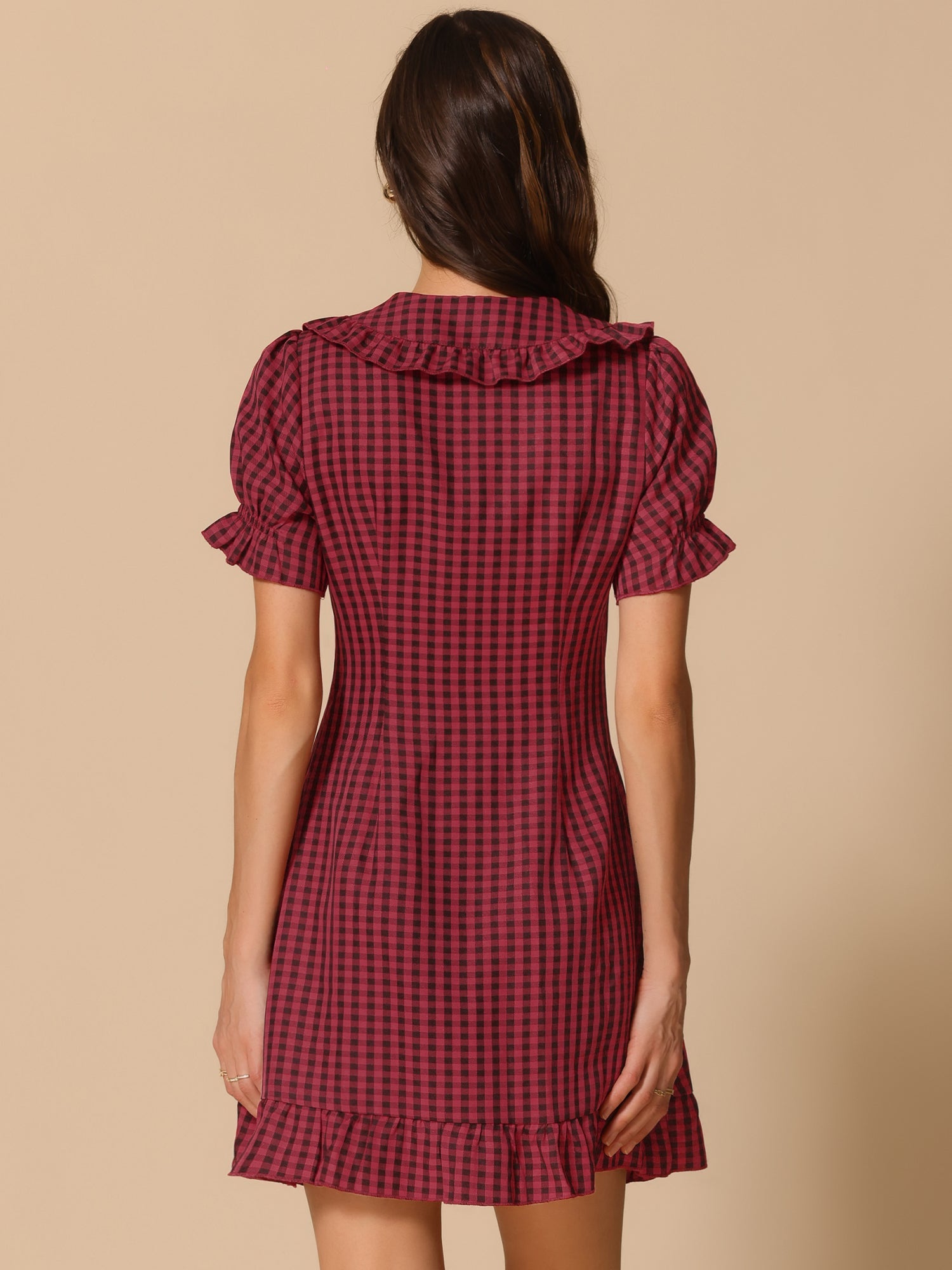 Gingham Checks Ruffled Peter Pan Collar 1960s Vintage Mini Dress