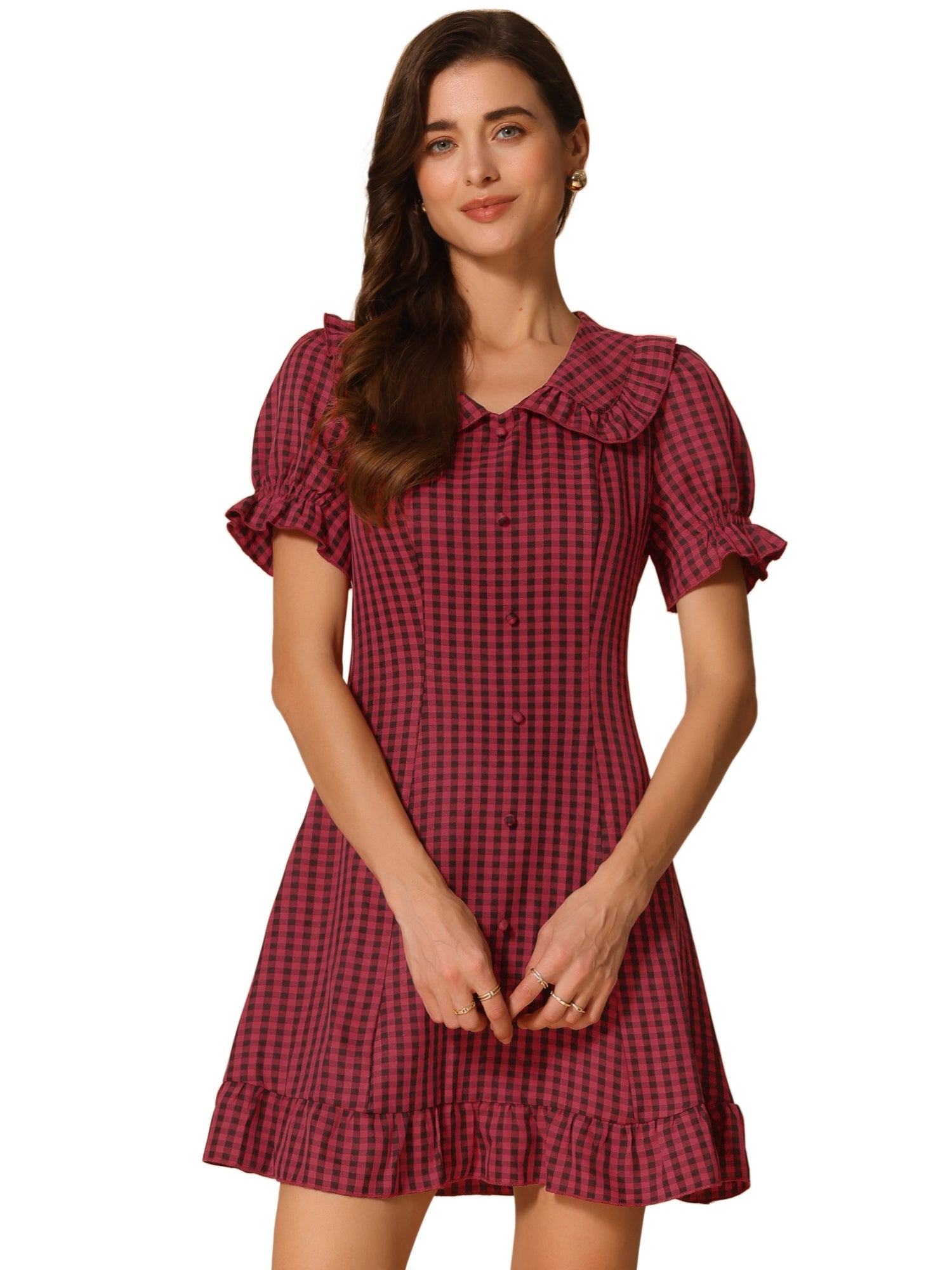 Gingham Checks Ruffled Peter Pan Collar 1960s Vintage Mini Dress
