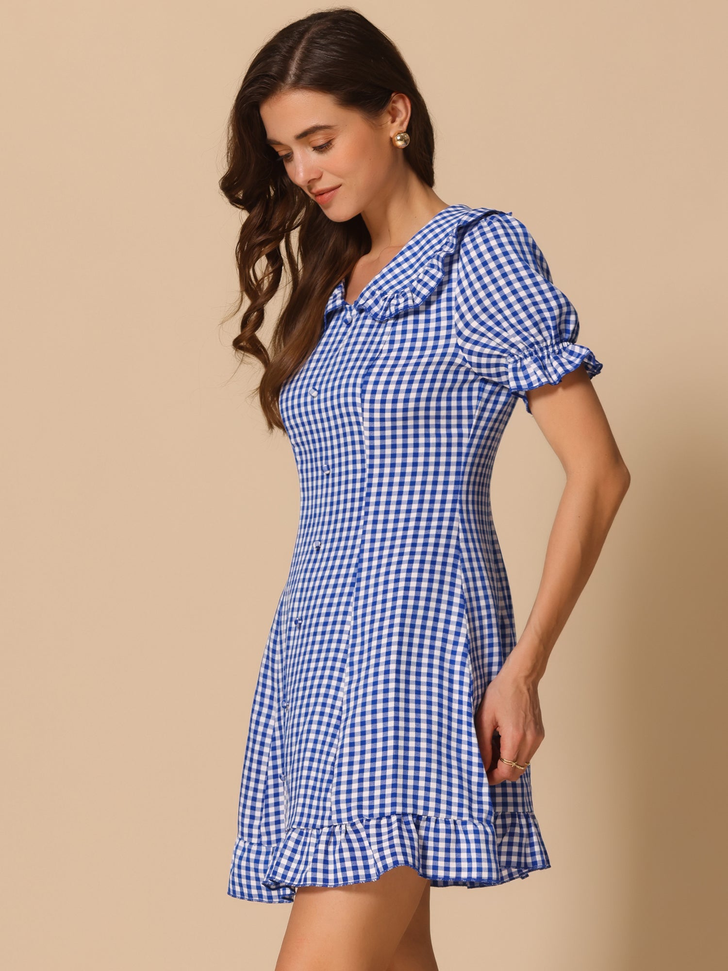 Gingham Checks Ruffled Peter Pan Collar 1960s Vintage Mini Dress