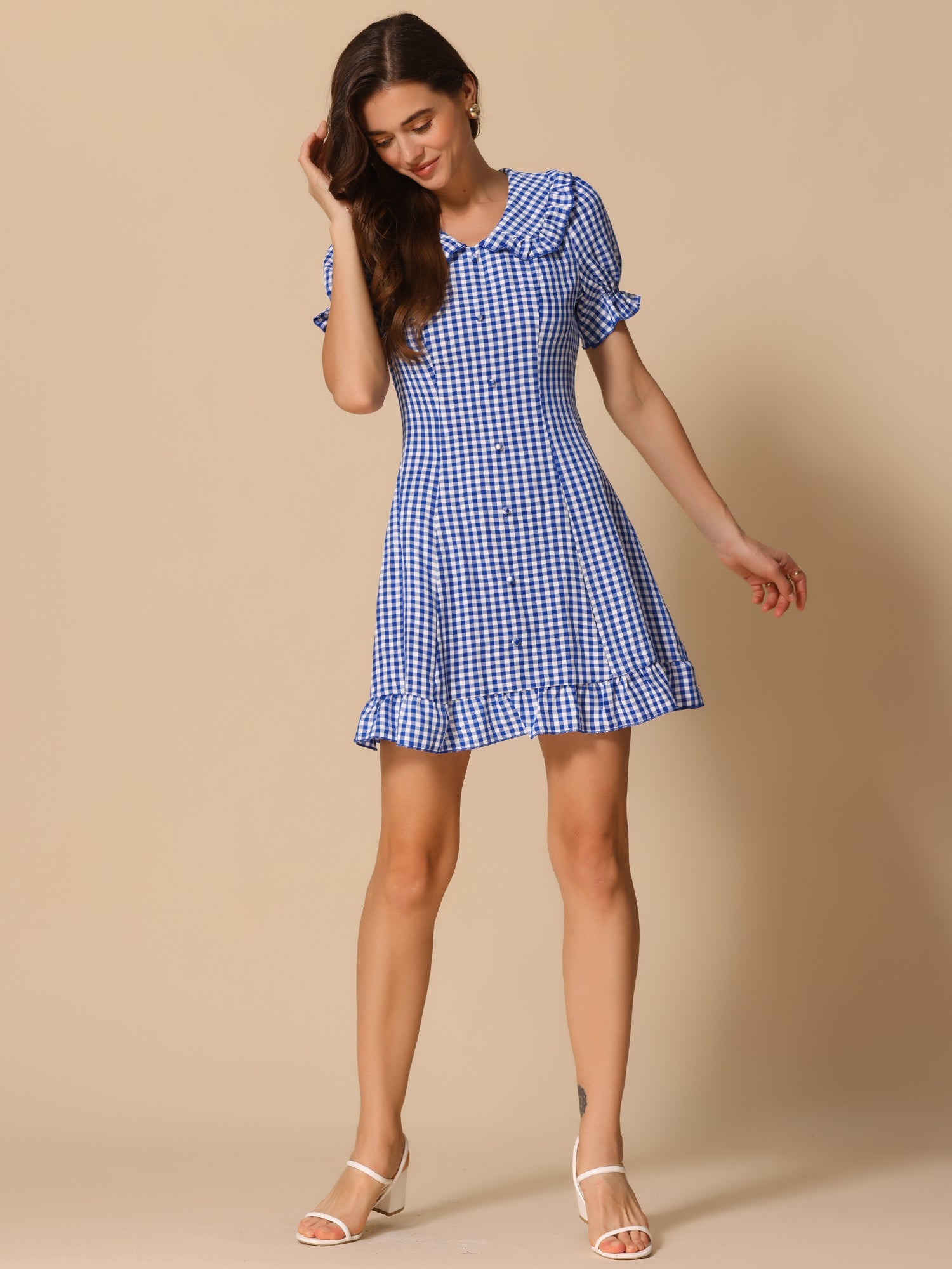 Gingham Checks Ruffled Peter Pan Collar 1960s Vintage Mini Dress