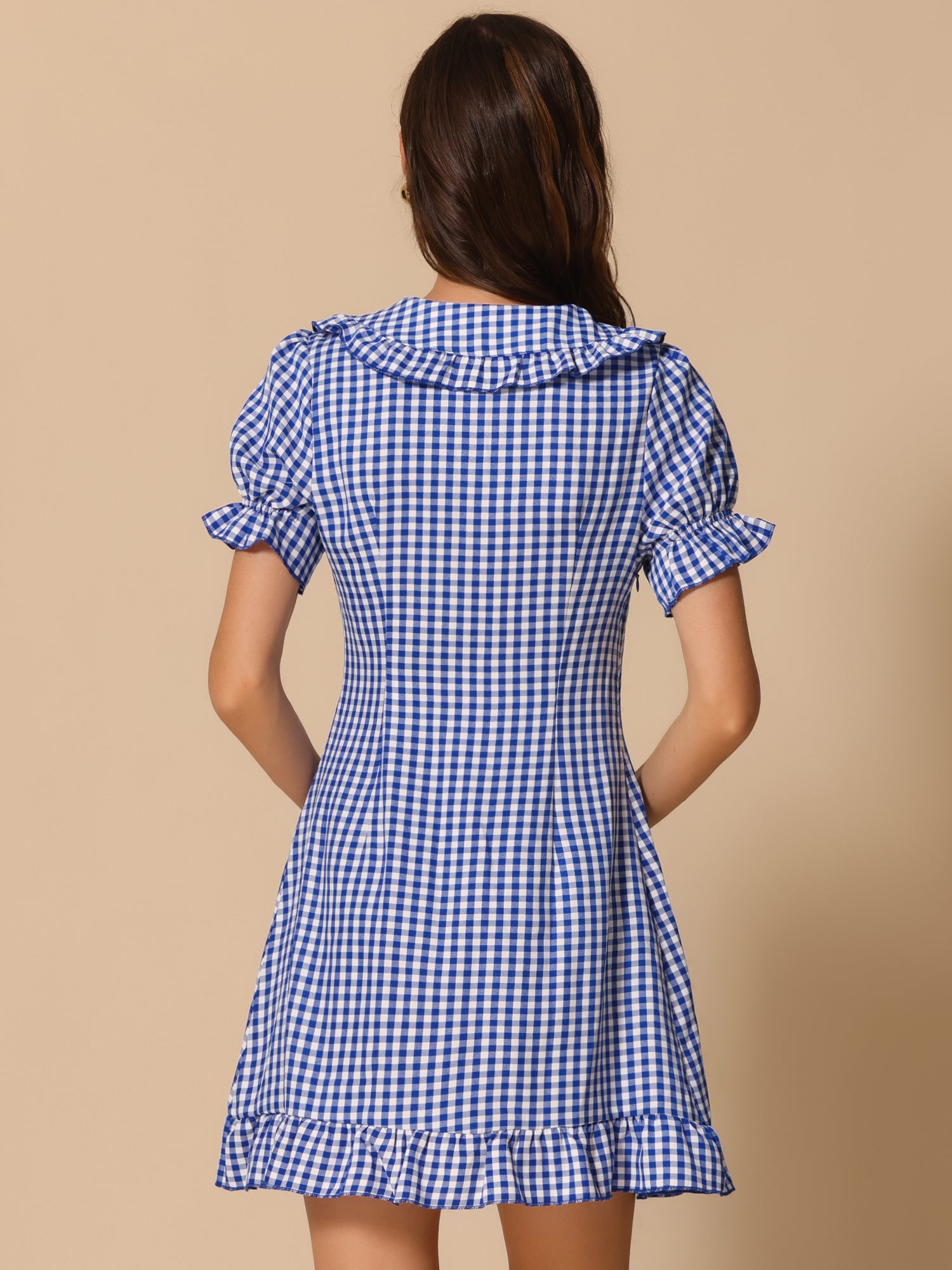 Gingham Checks Ruffled Peter Pan Collar 1960s Vintage Mini Dress