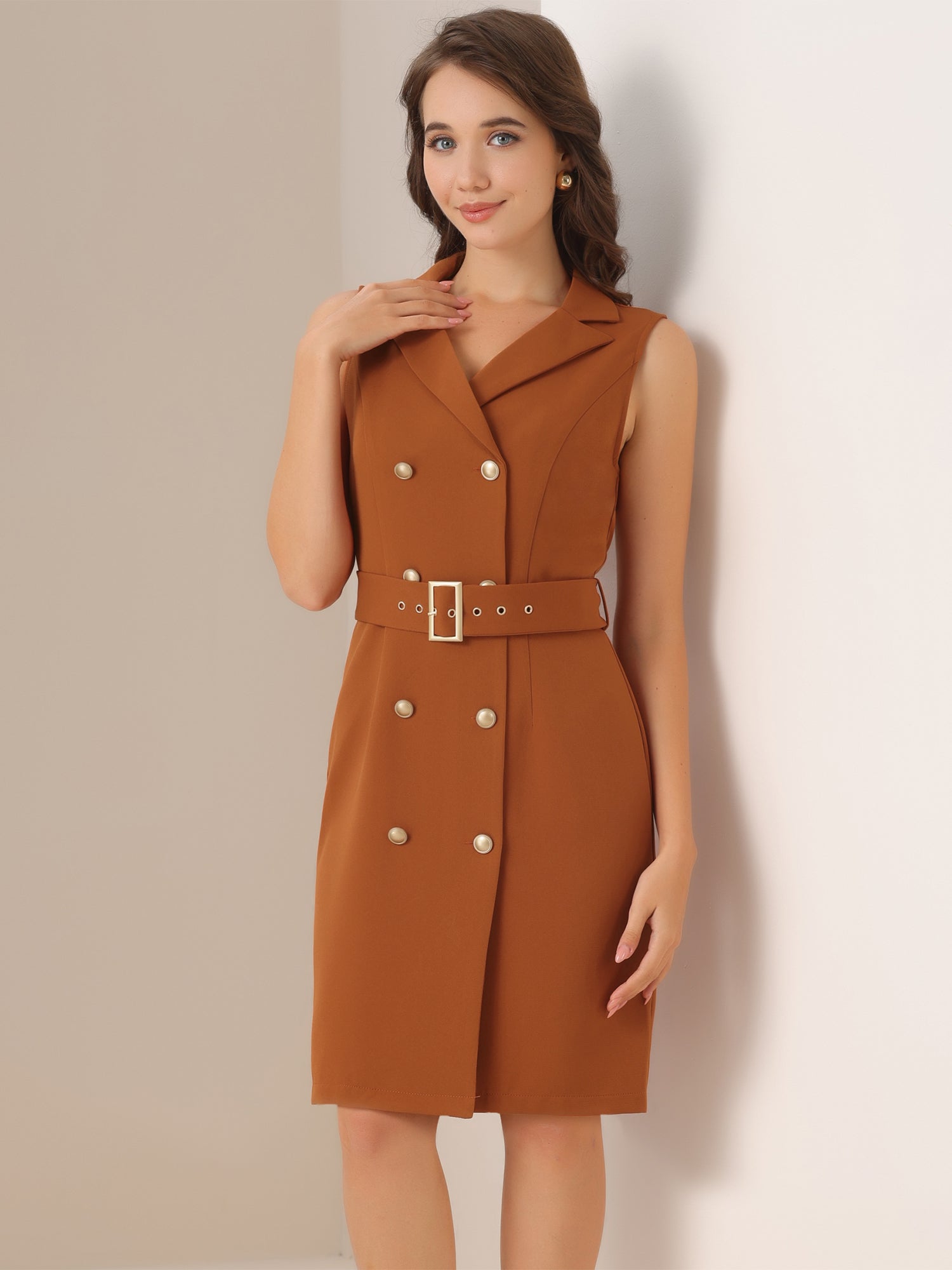 Sleeveless Notched Lapel Double Breasted Belted Office Blazer Dress