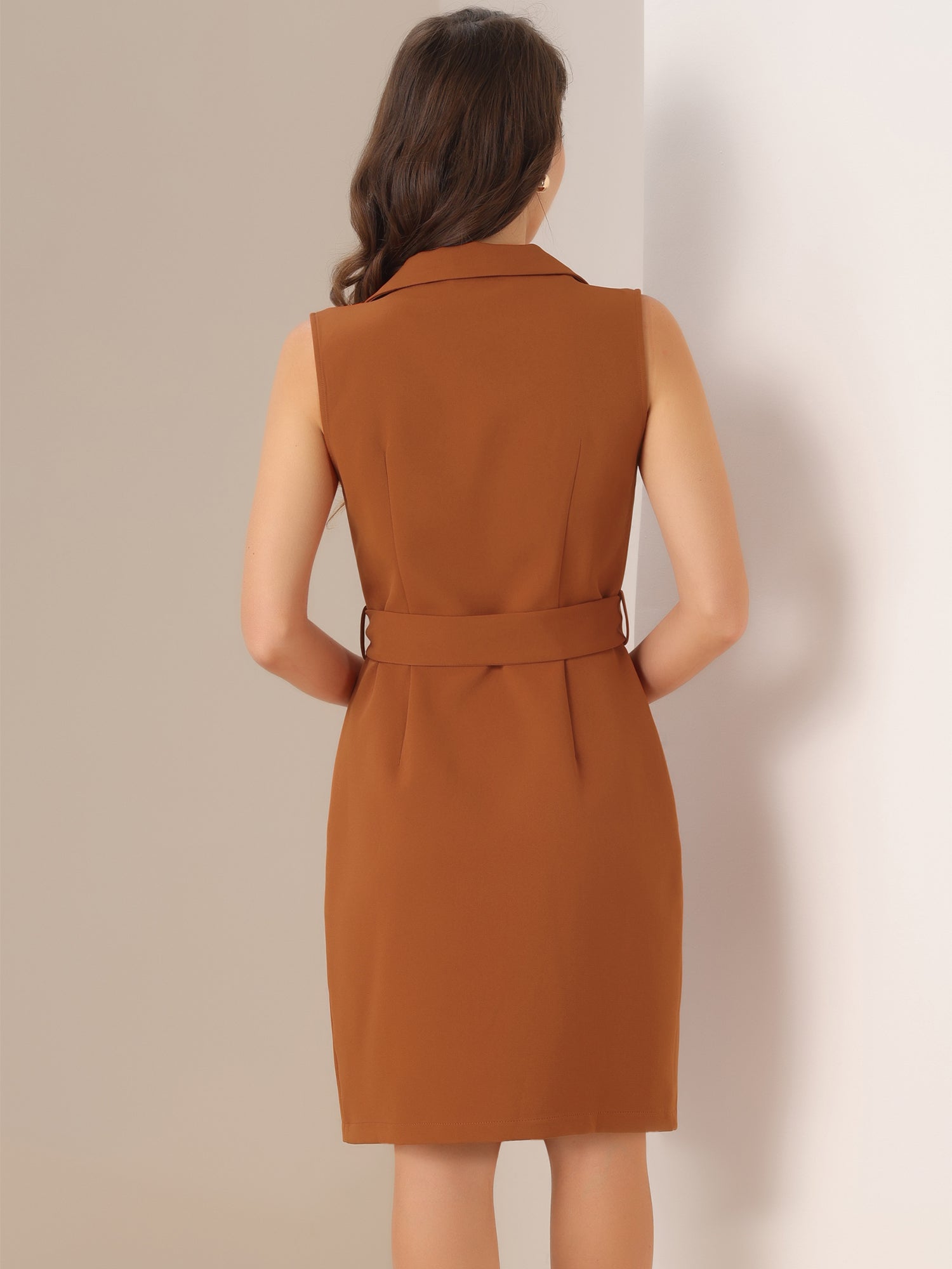 Sleeveless Notched Lapel Double Breasted Belted Office Blazer Dress