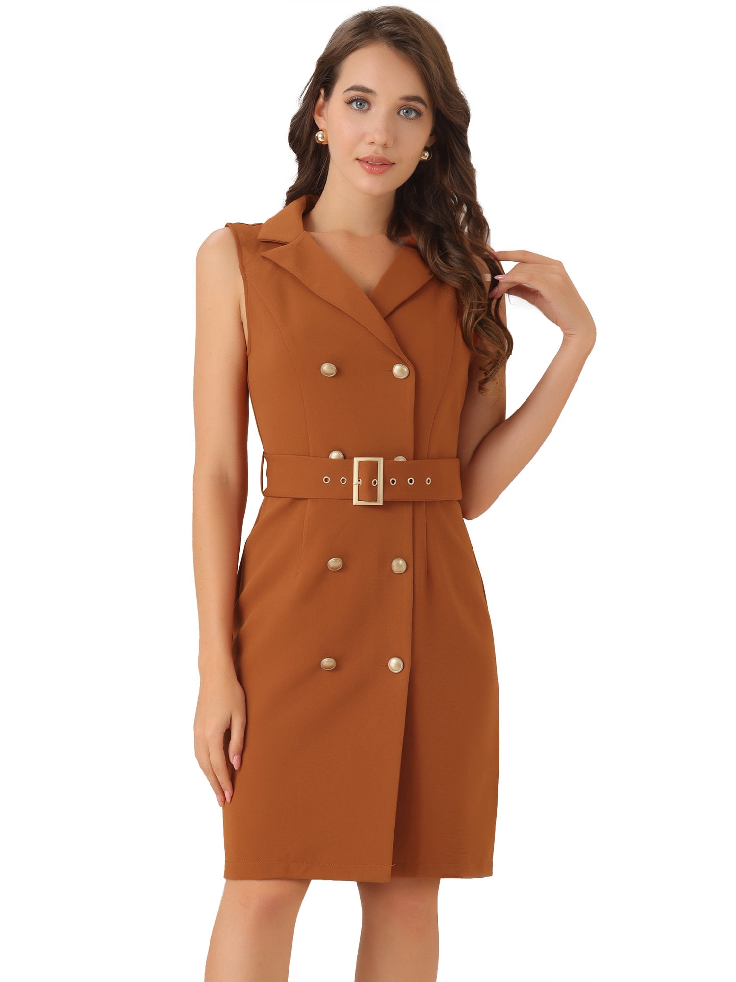 Sleeveless Notched Lapel Double Breasted Belted Office Blazer Dress