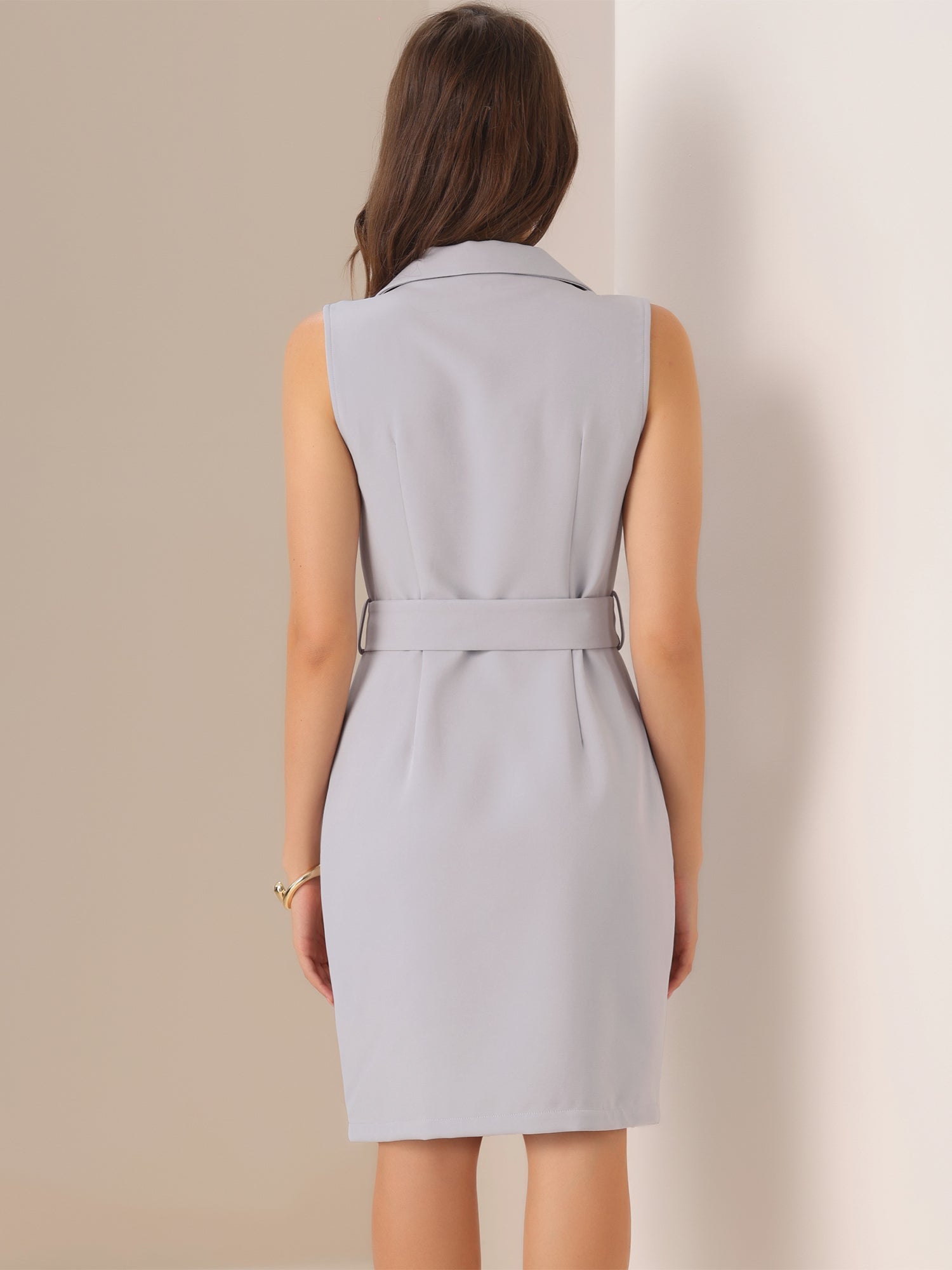 Sleeveless Notched Lapel Double Breasted Belted Office Blazer Dress