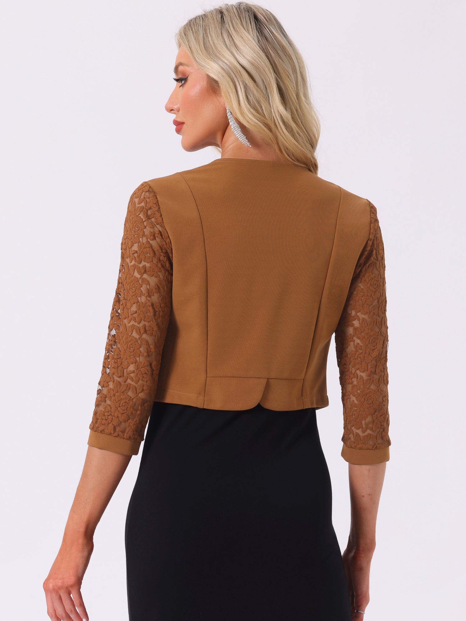 Lace Panel Open Front Long Sleeve Work Office Crop Bolero Shrug