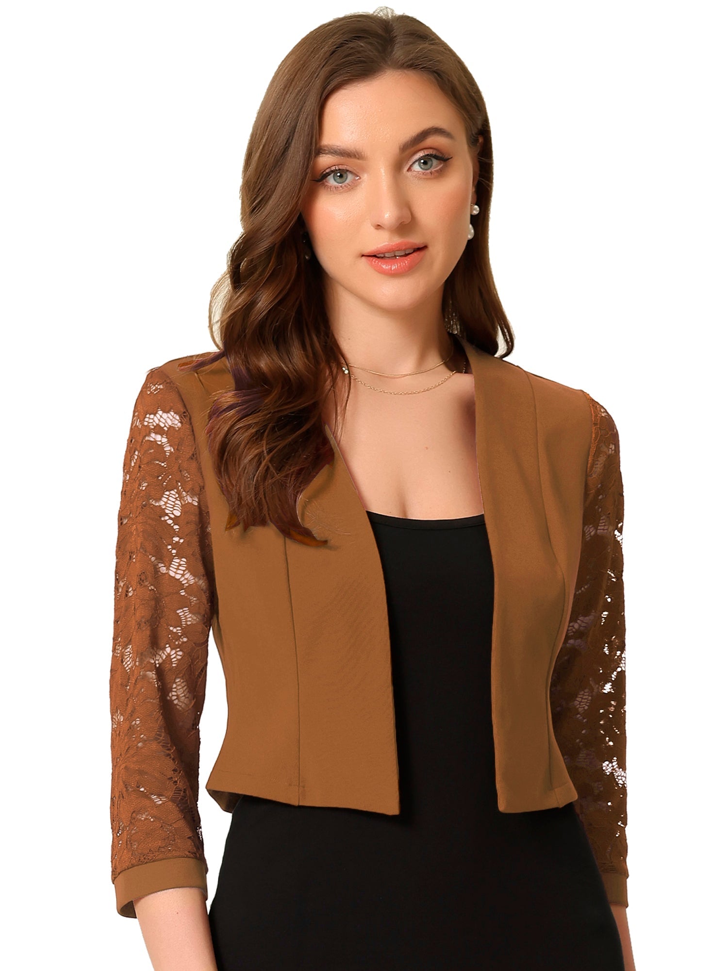 Lace Panel Open Front Long Sleeve Work Office Crop Bolero Shrug