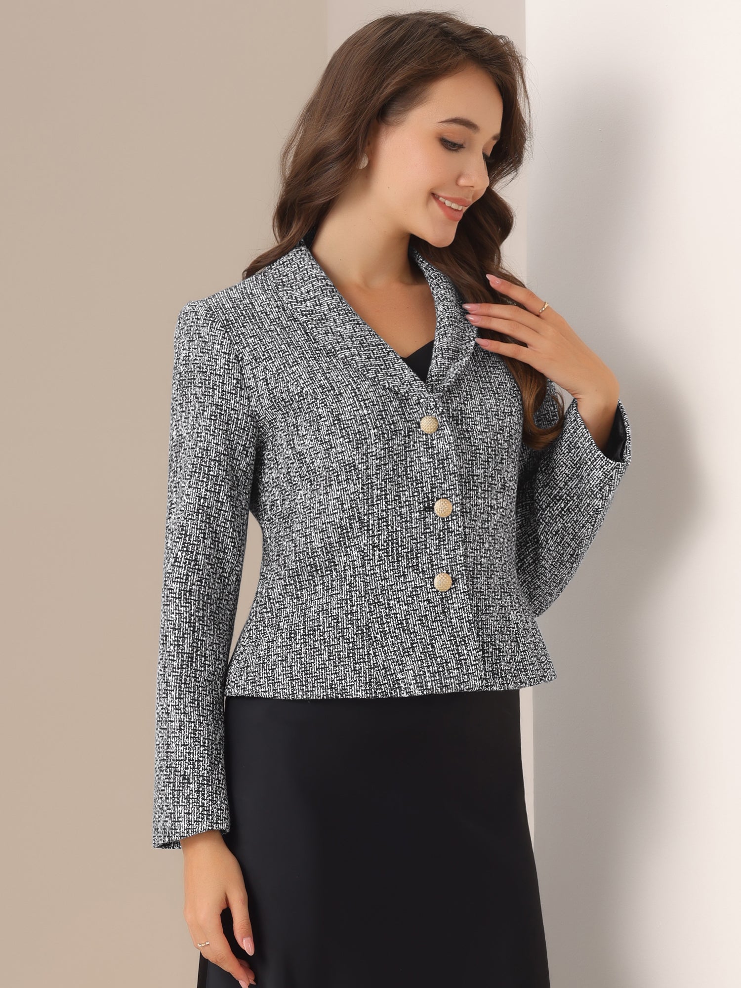 Tweed Shawl Collar Button Down Long Sleeves Textured Blazer