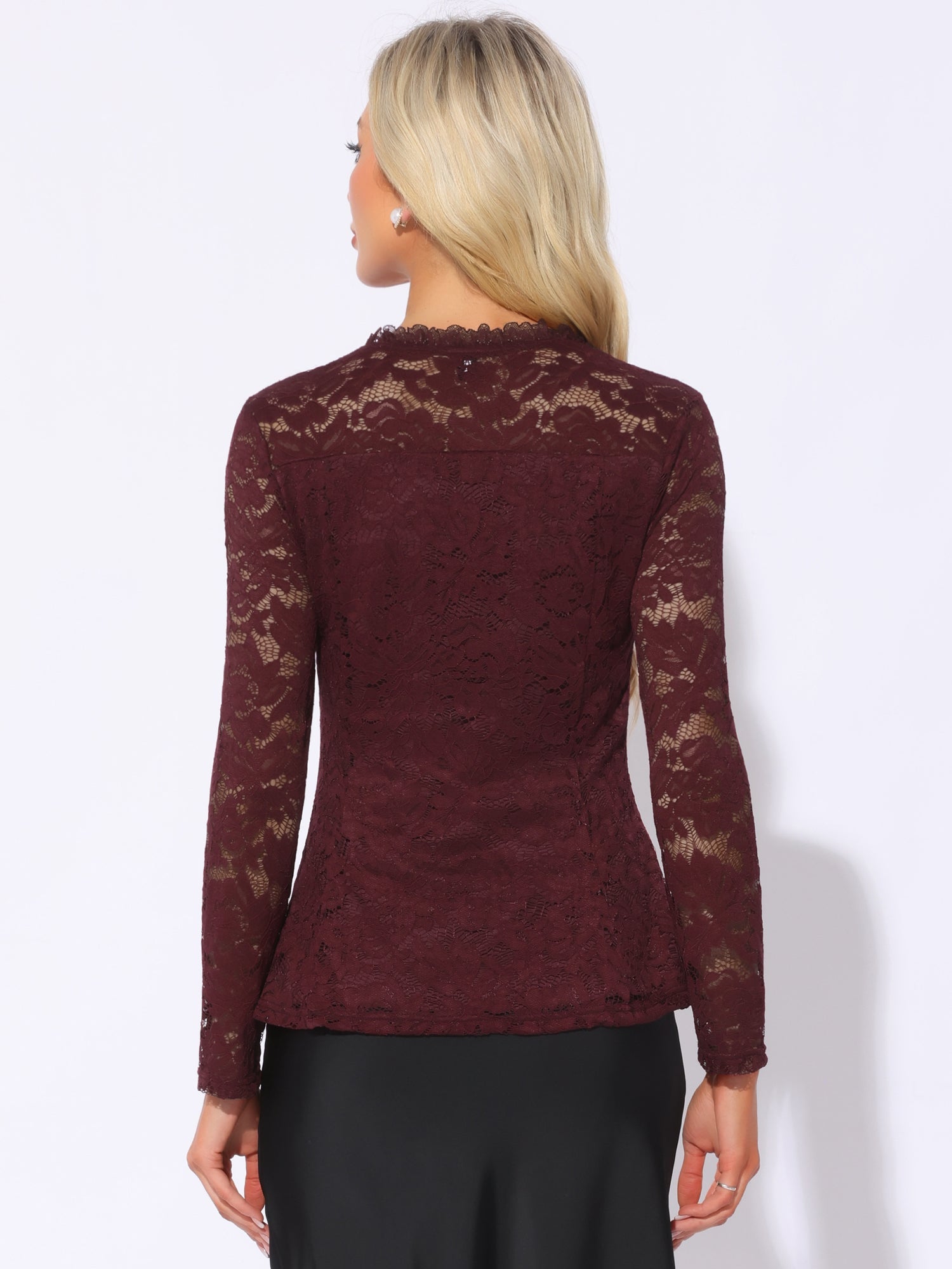 Lace Square Neck Long Sleeve Stertch Peplum Blouse