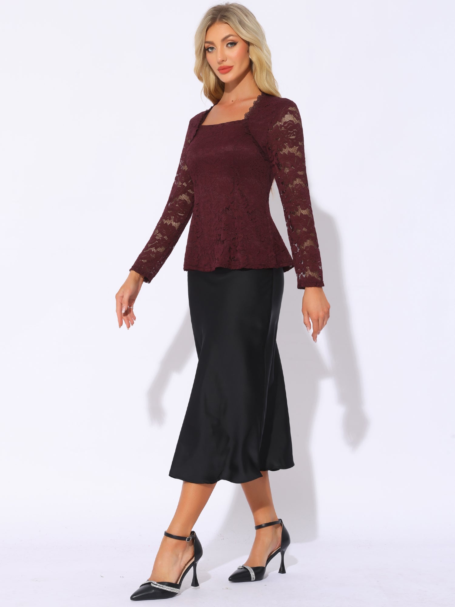 Lace Square Neck Long Sleeve Stertch Peplum Blouse