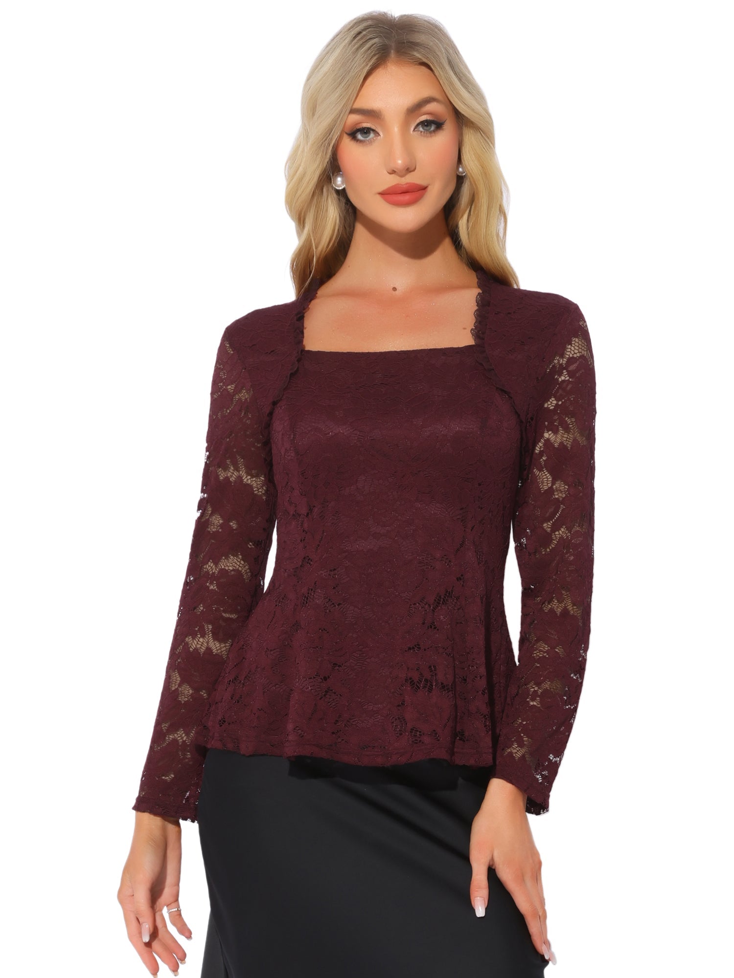 Lace Square Neck Long Sleeve Stertch Peplum Blouse