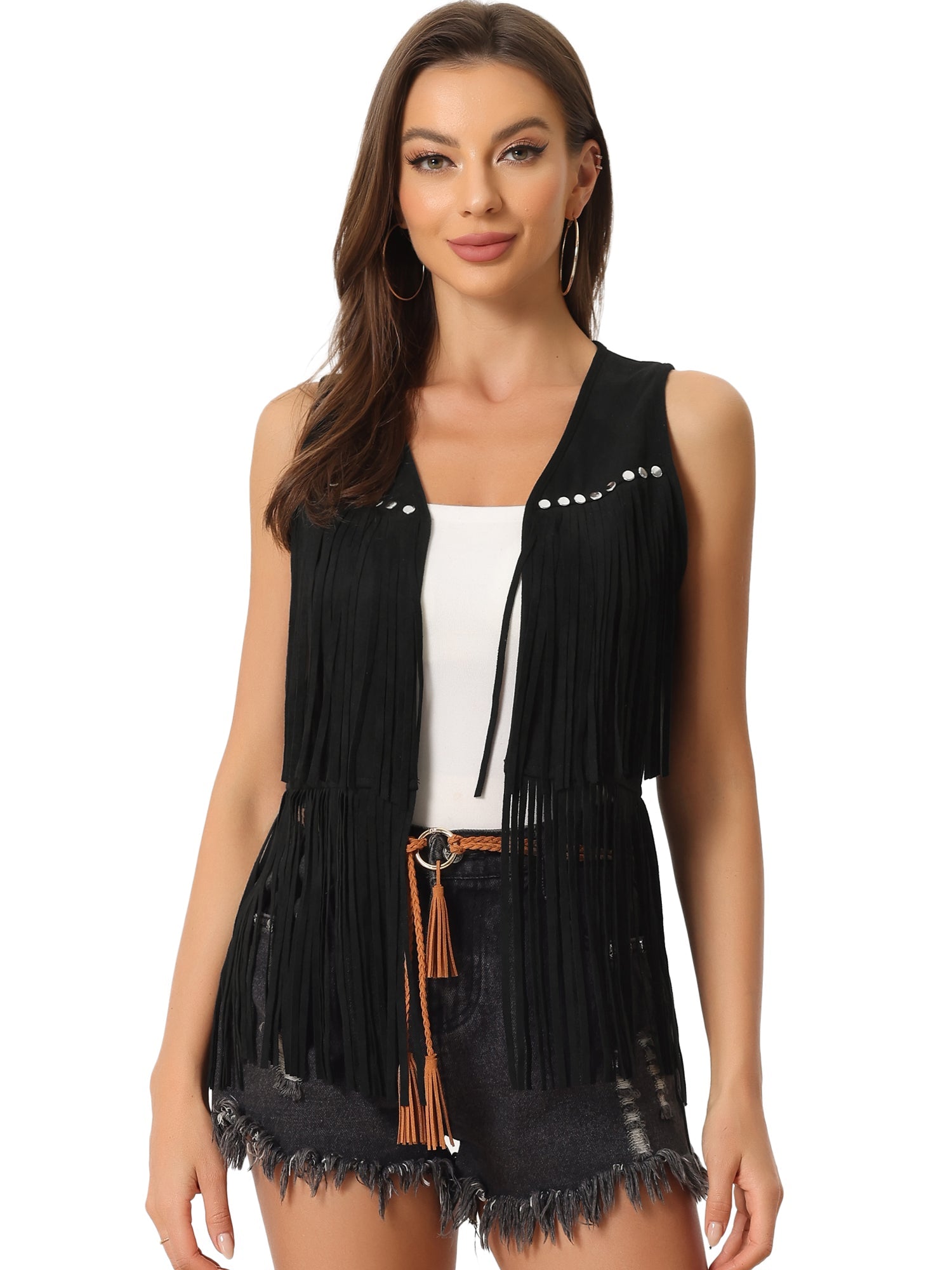Fringe Open Front 70s Outfits Faux Suede Tassel Vest