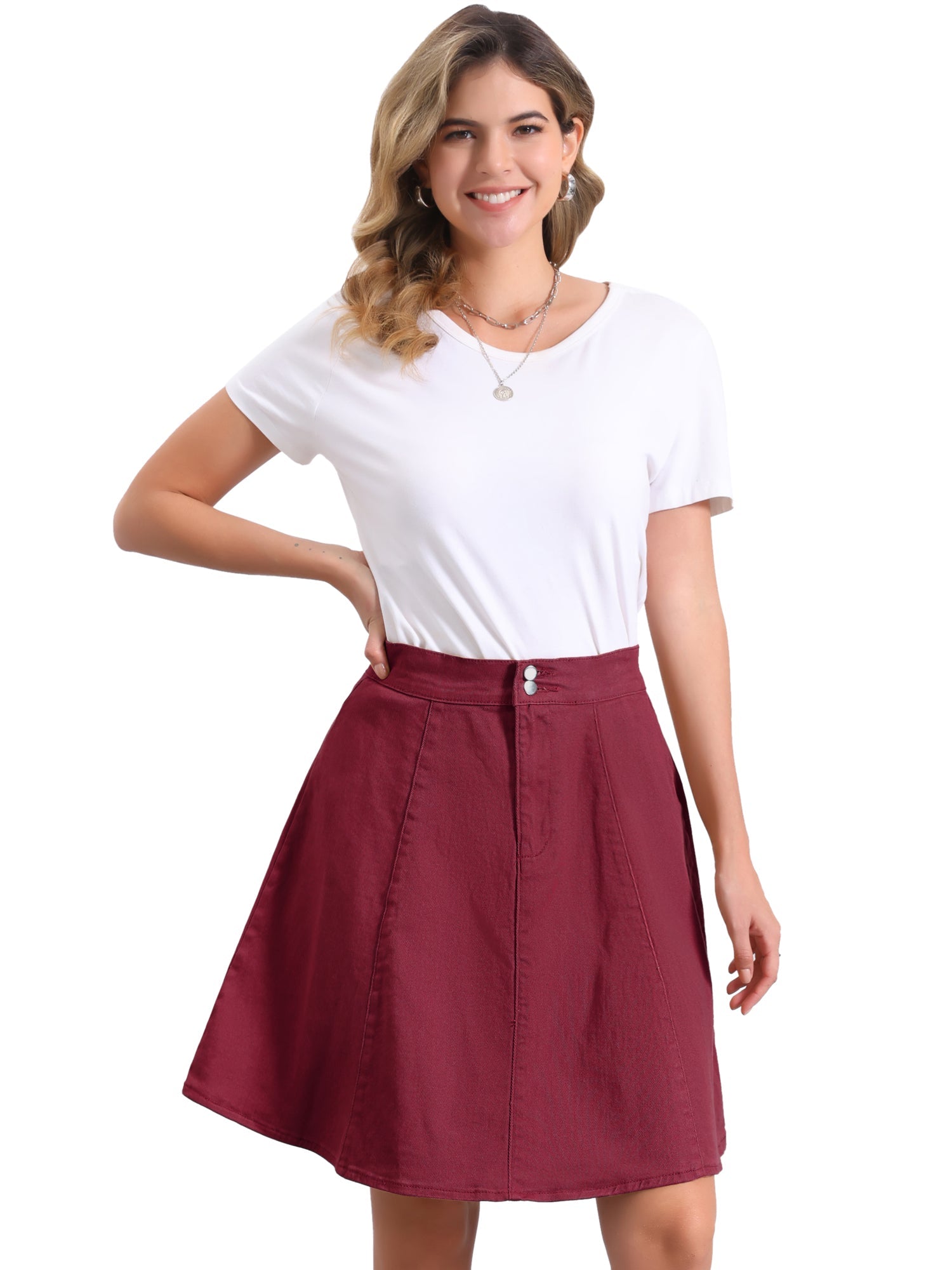 High Waisted A-Line Flared Casual Denim Midi Jean Skirt