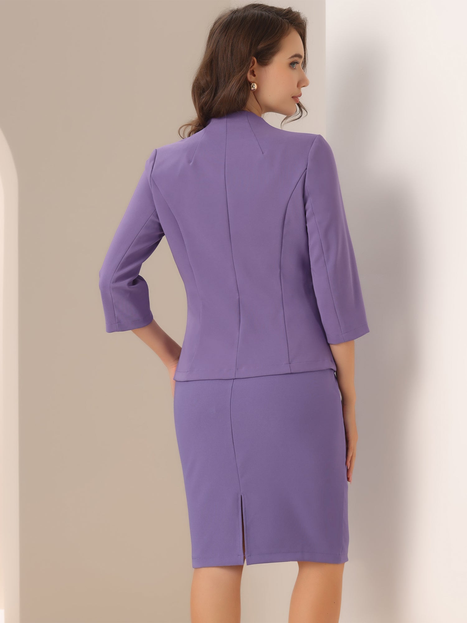 2 Pieces Collarless 3/4 Sleeves Blazer and Pencil Skirt Office Work Business Suit Set