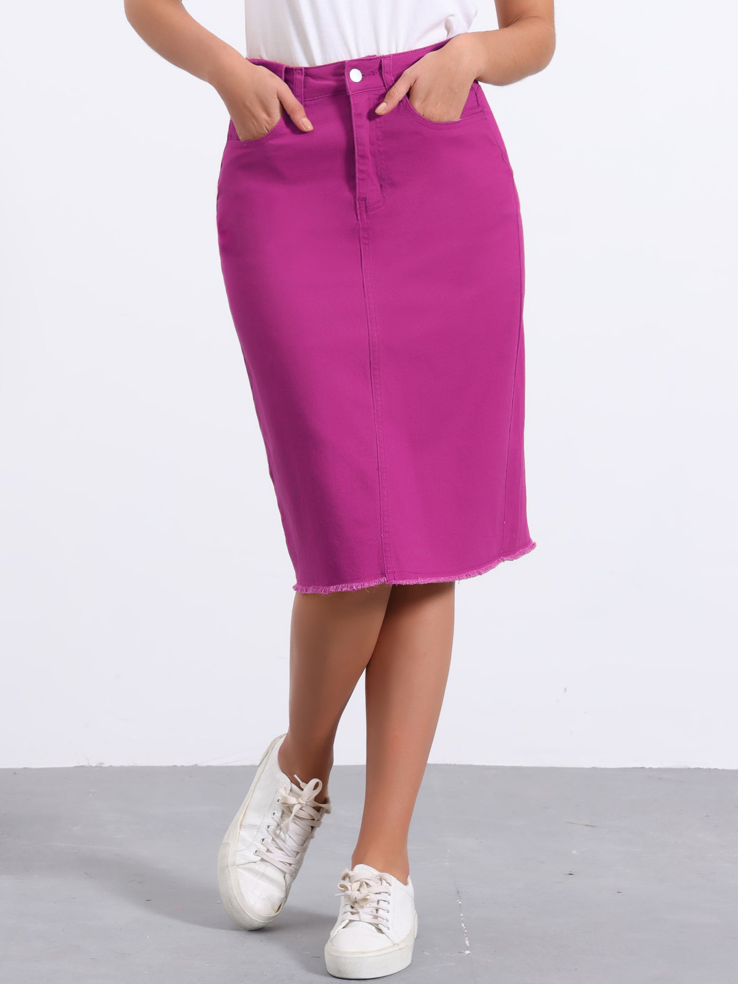 Casual High Waist Back Slit Stretch Denim Midi Skirt