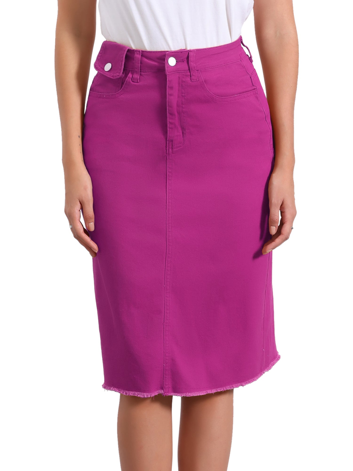 Casual High Waist Back Slit Stretch Denim Midi Skirt