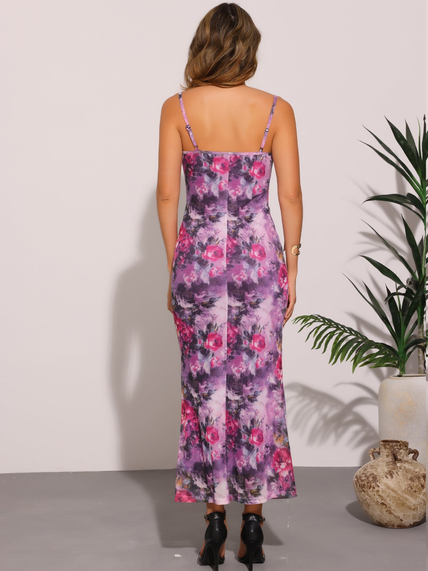Spaghetti Strap Mesh Floral Sleeveless Bodycon Cocktail Maxi Dress Sundress