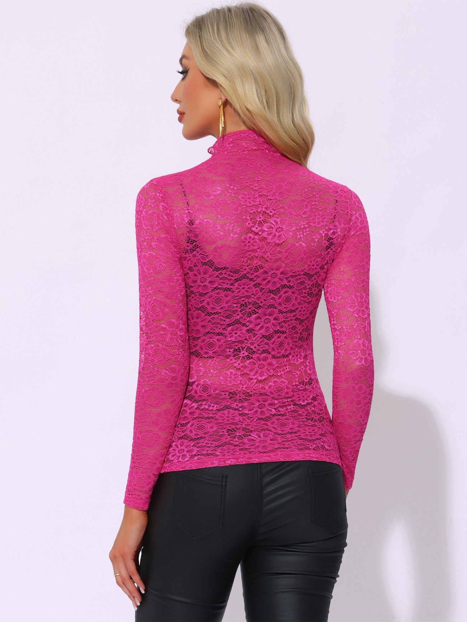 See Through Long Sleeve Turtleneck Sheer Floral Lace Blouse