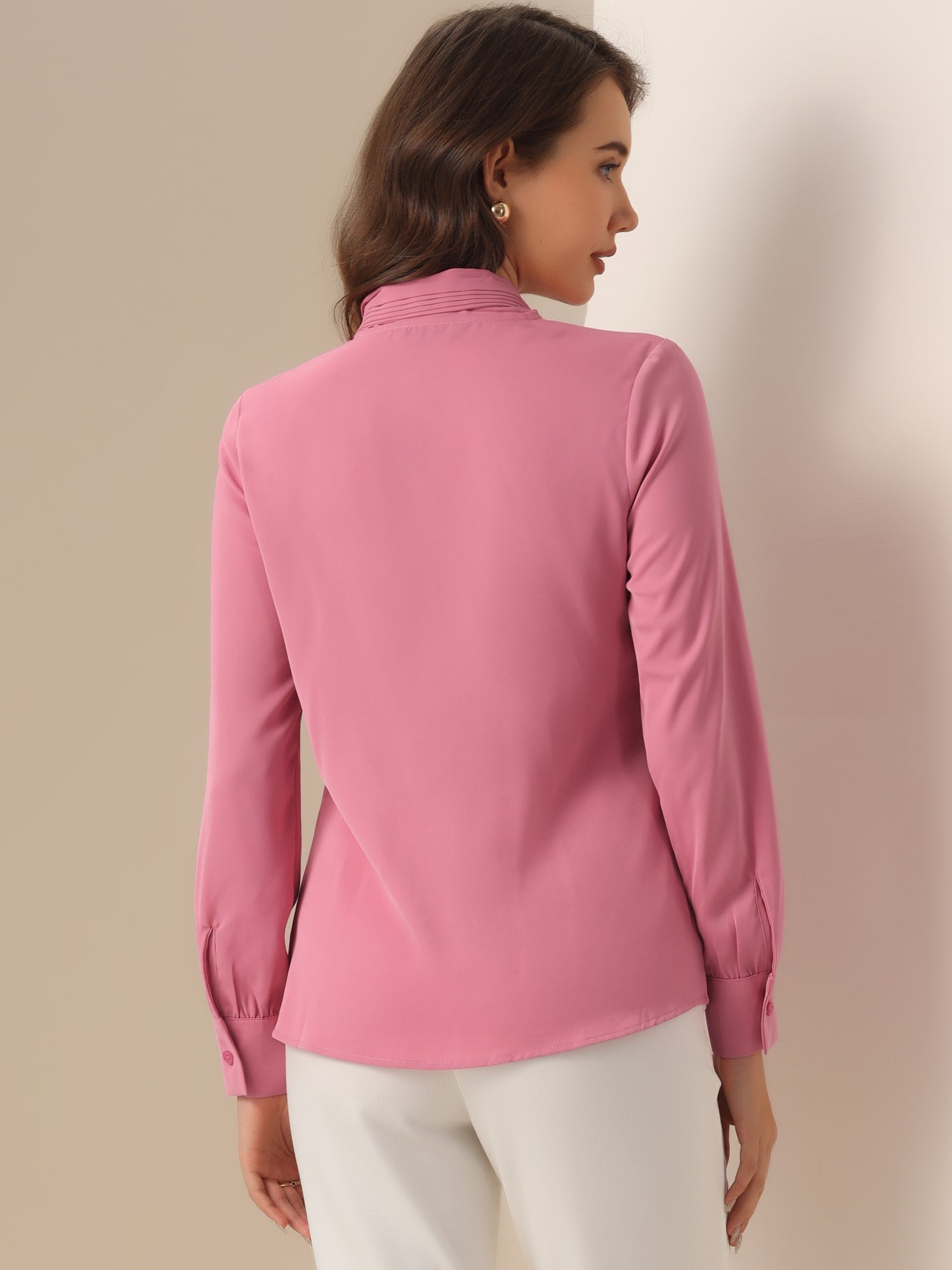 Long Sleeve Chiffon Pleated Tie Neck Office Blouse