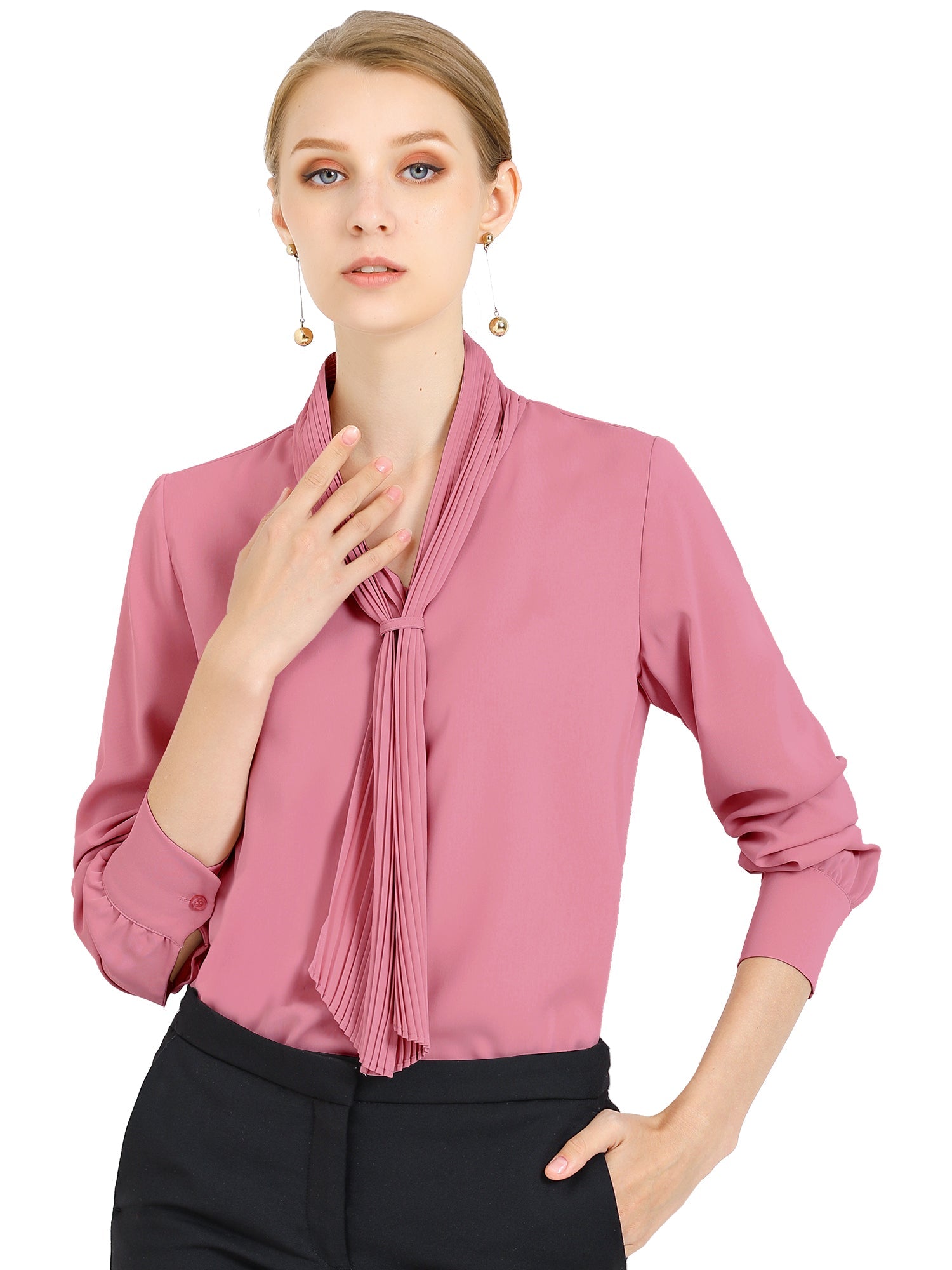 Long Sleeve Chiffon Pleated Tie Neck Office Blouse
