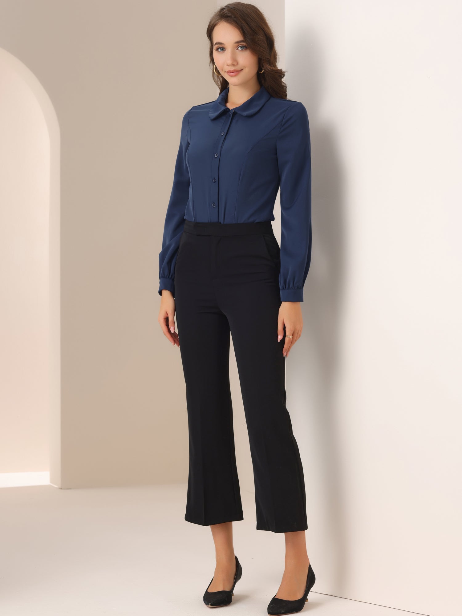 Peter Pen Collar Button Up Long Sleeve Business Work Shirt