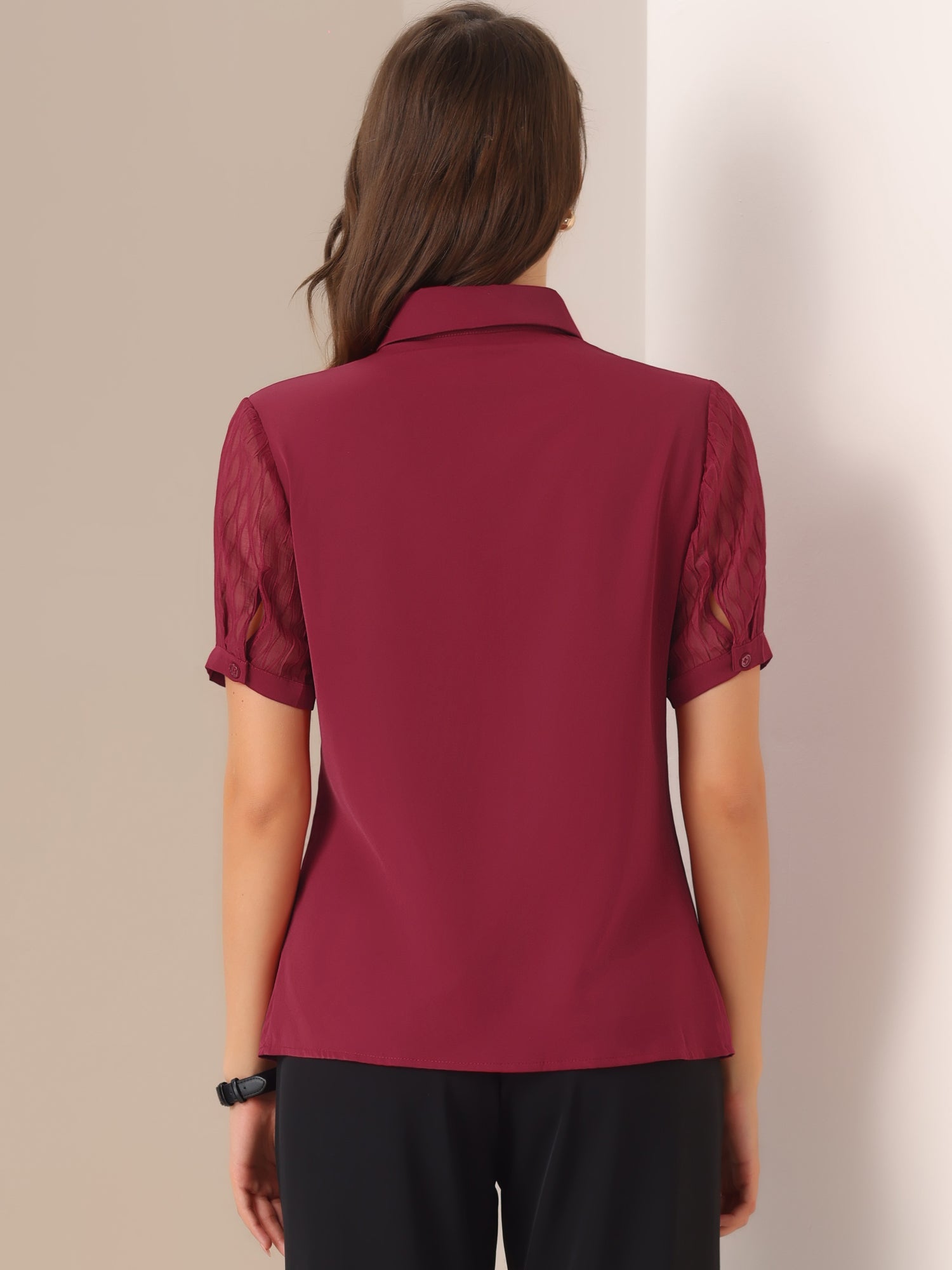 Button Down Shirt Sheer Short Sleeve Point Collar Work Tops