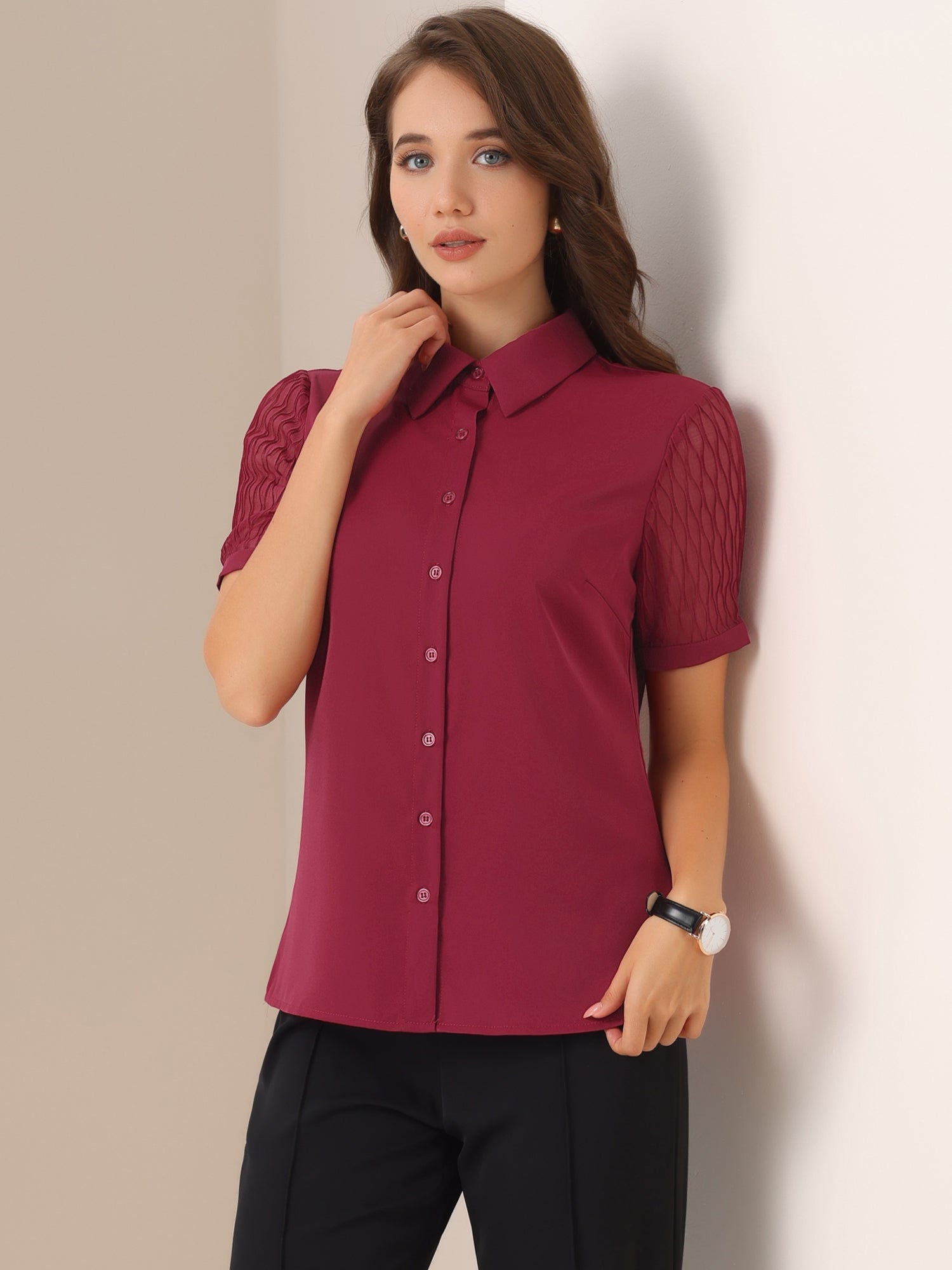 Button Down Shirt Sheer Short Sleeve Point Collar Work Tops